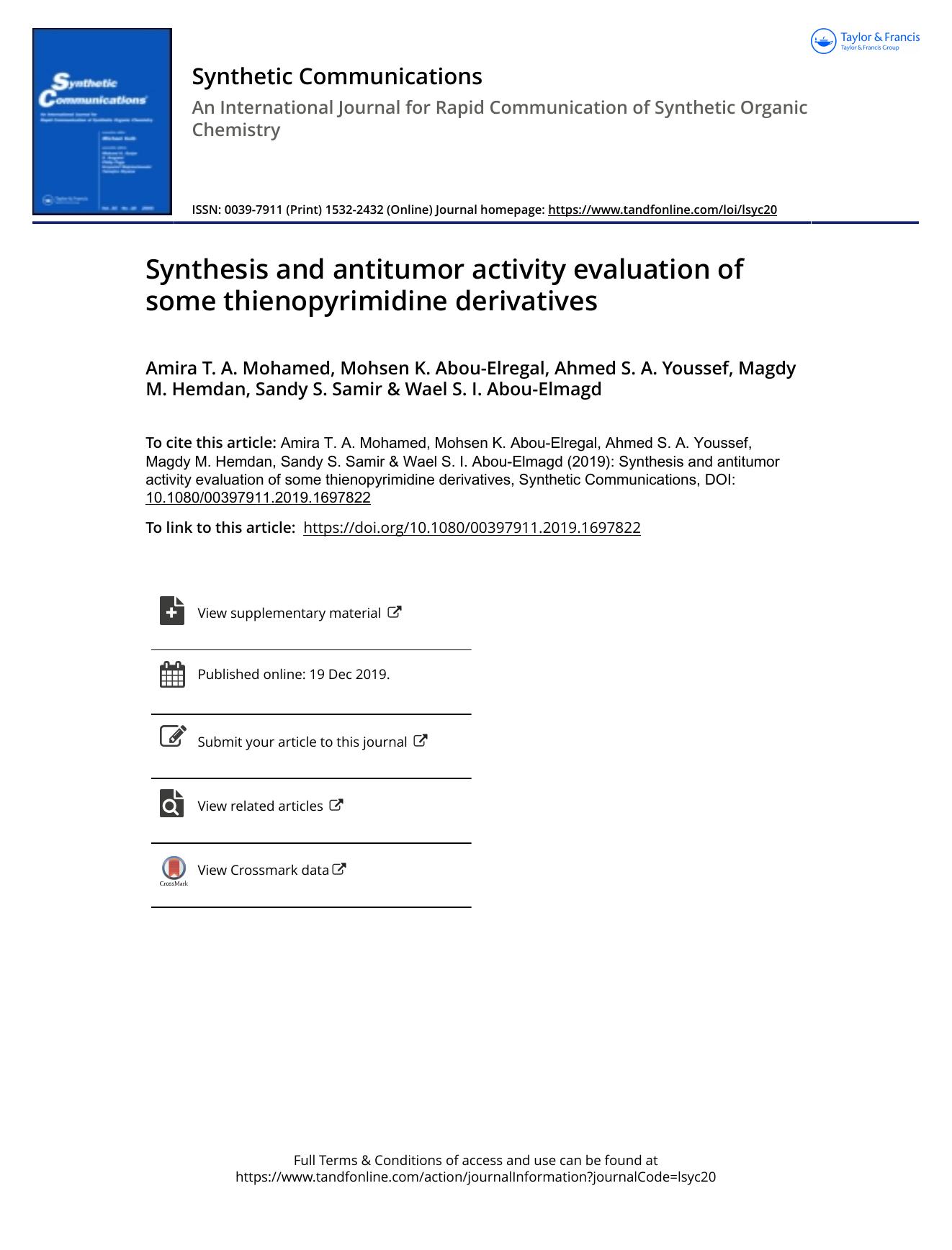 Synthesis and antitumor activity evaluation of some thienopyrimidine derivatives by unknow
