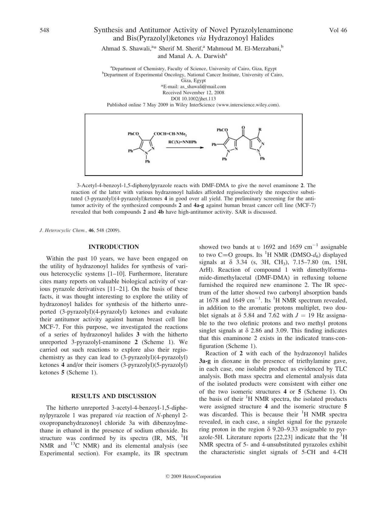 Synthesis and antitumor activity of novel pyrazolylenaminone and bis(pyrazolyl)ketones via hydrazonoyl halides by Unknown