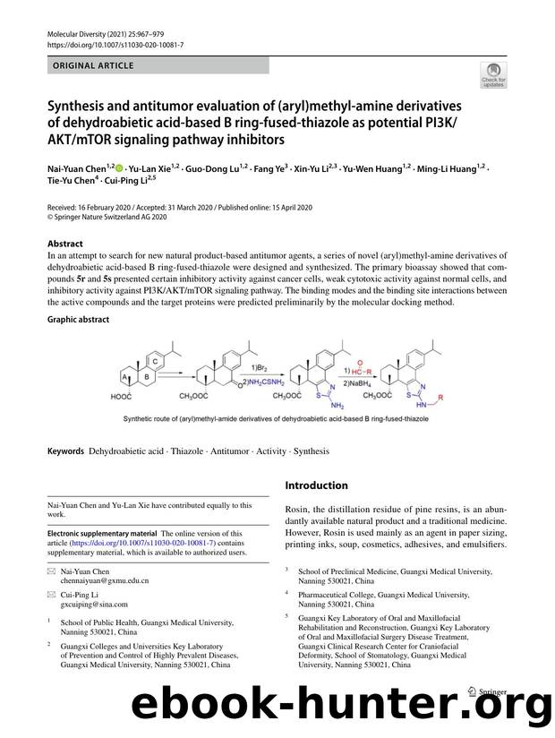 Synthesis and antitumor evaluation of (aryl)methyl-amine derivatives of dehydroabietic acid-based B ring-fused-thiazole as potential PI3KAKTmTOR signaling pathway inhibitors by unknow
