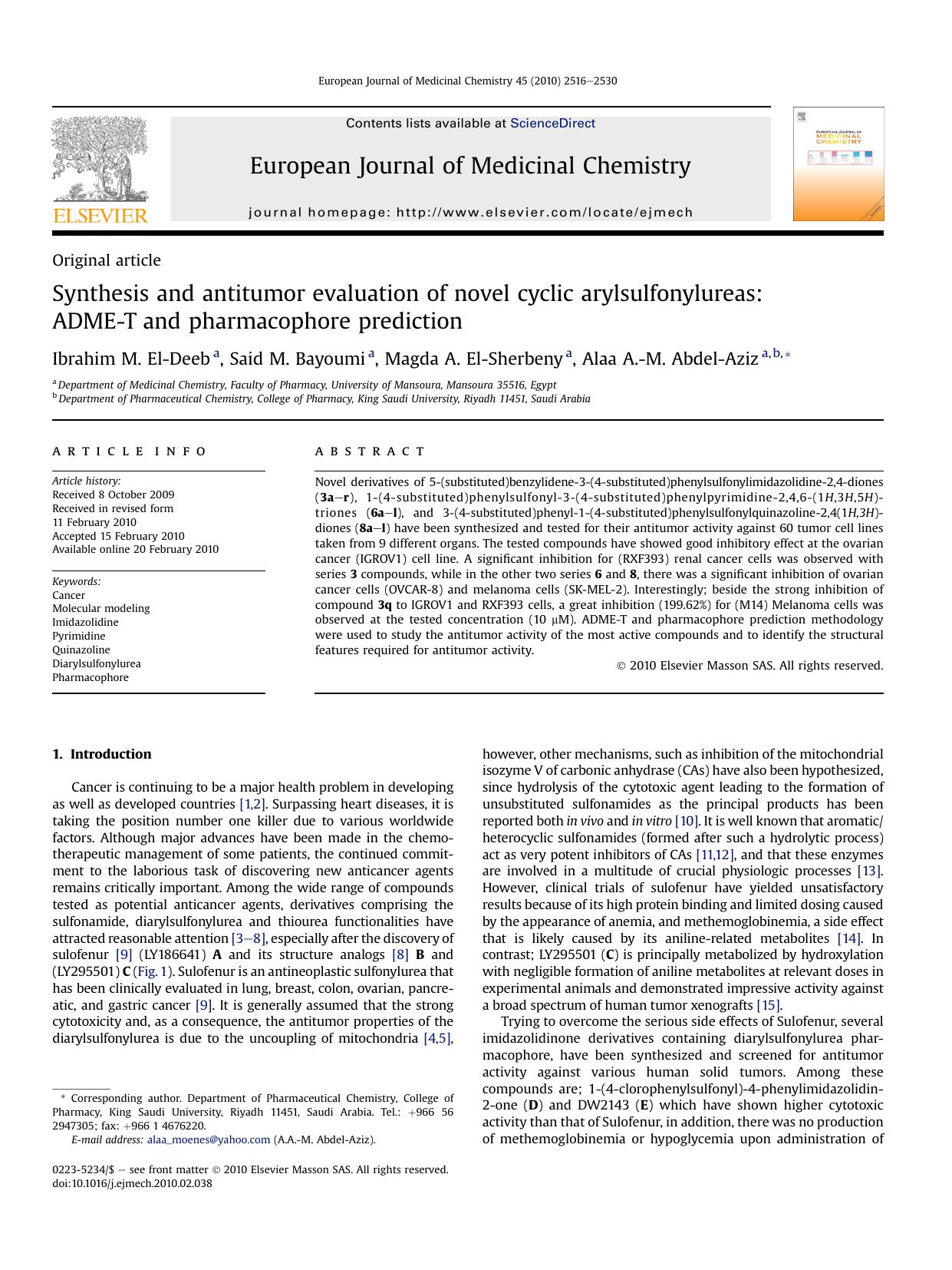 Synthesis and antitumor evaluation of novel cyclic arylsulfonylureas: ADME-T and pharmacophore prediction by Ibrahim M. El-Deeb; Said M. Bayoumi; Magda A. El-Sherbeny; Alaa A.-M. Abdel-Aziz