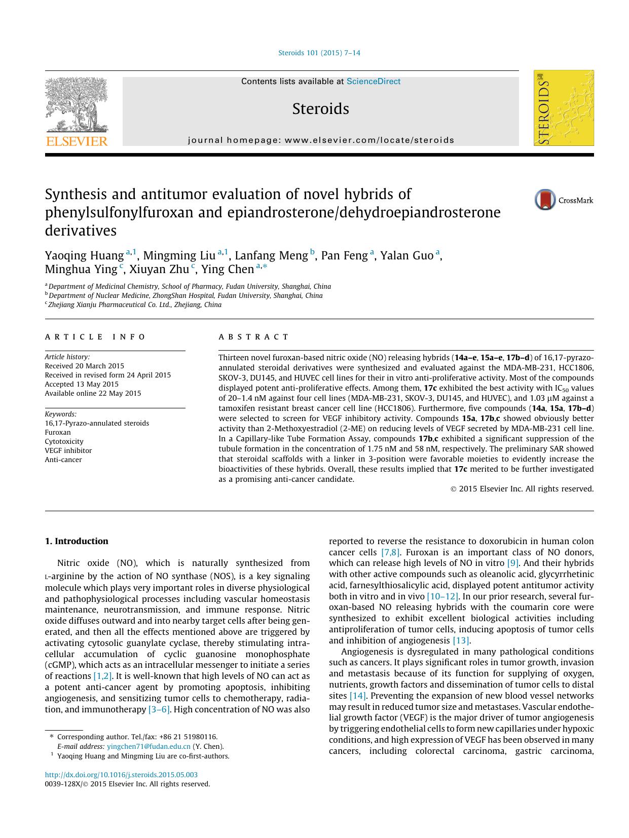 Synthesis and antitumor evaluation of novel hybrids of phenylsulfonylfuroxan and epiandrosteronedehydroepiandrosterone derivatives by unknow