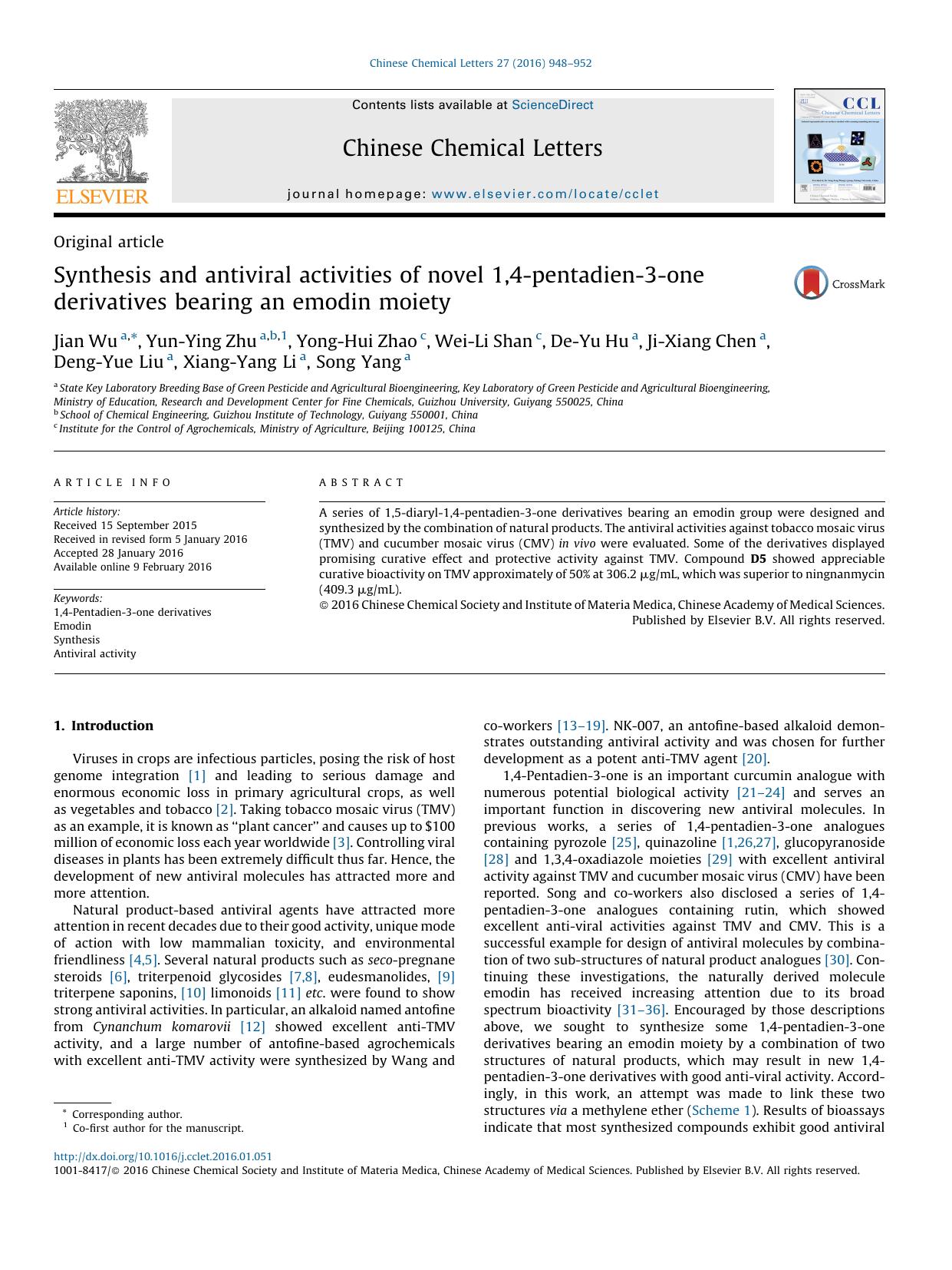 Synthesis and antiviral activities of novel 1,4-pentadien-3-one derivatives bearing an emodin moiety by unknow