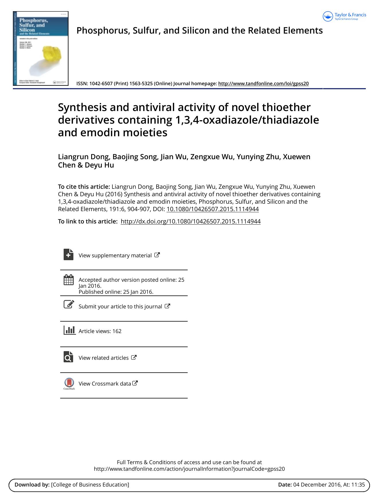 Synthesis and antiviral activity of novel thioether derivatives containing 1,3,4-oxadiazolethiadiazole and emodin moieties by Liangrun Dong & Baojing Song & Jian Wu & Zengxue Wu & Yunying Zhu & Xuewen Chen & Deyu Hu