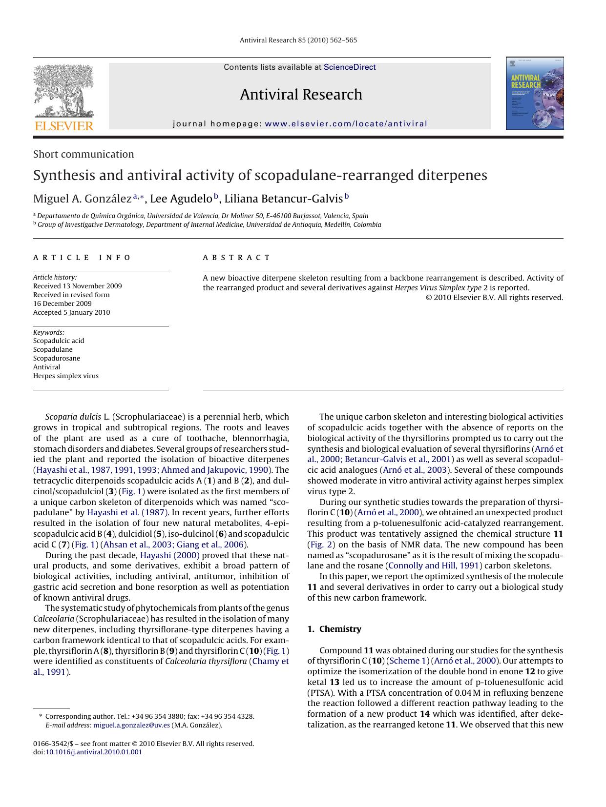 Synthesis and antiviral activity of scopadulane-rearranged diterpenes by Miguel A. GonzÃ¡lez; Lee Agudelo; Liliana Betancur-Galvis