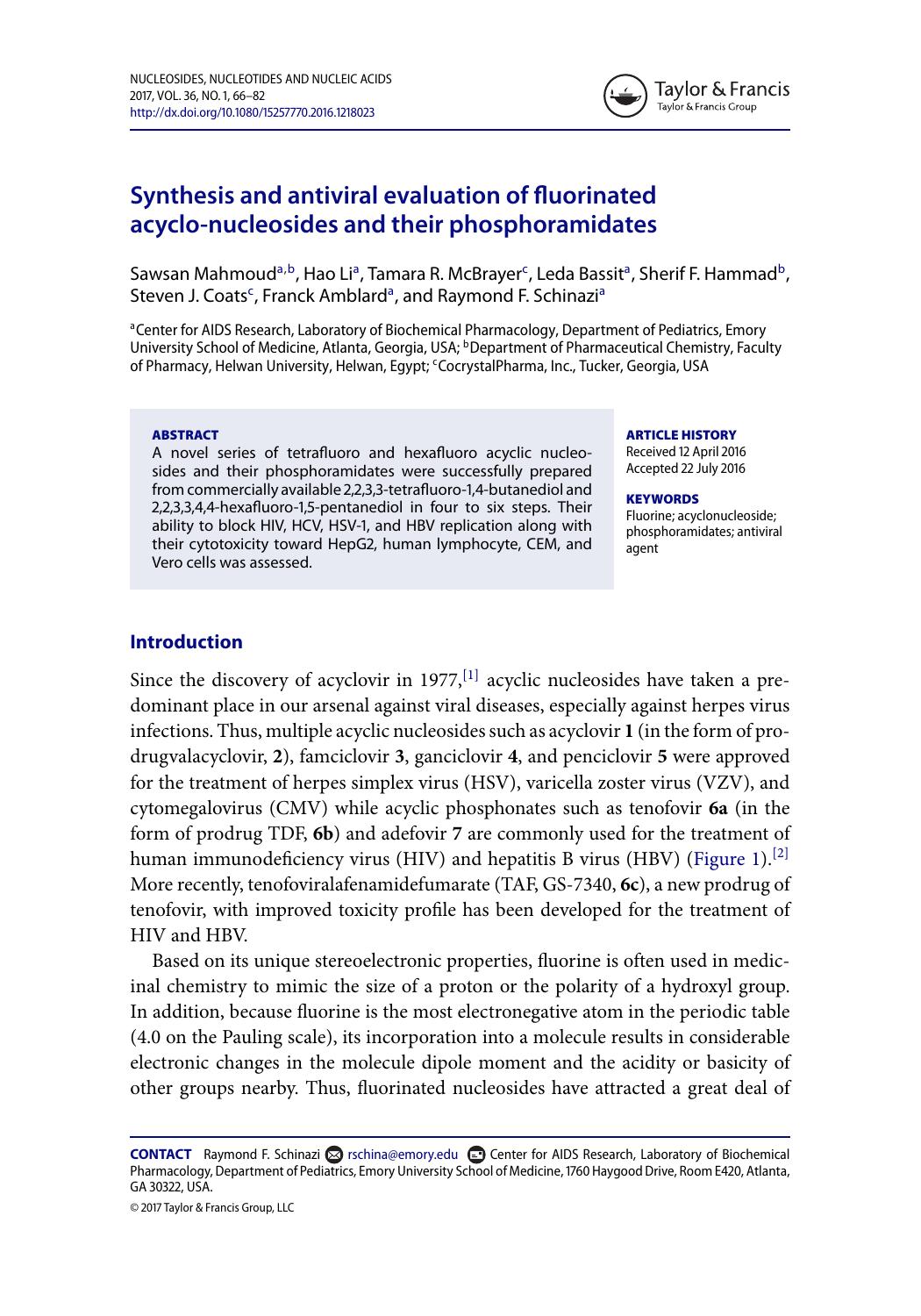 Synthesis and antiviral evaluation of fluorinated acyclo-nucleosides and their phosphoramidates by unknow