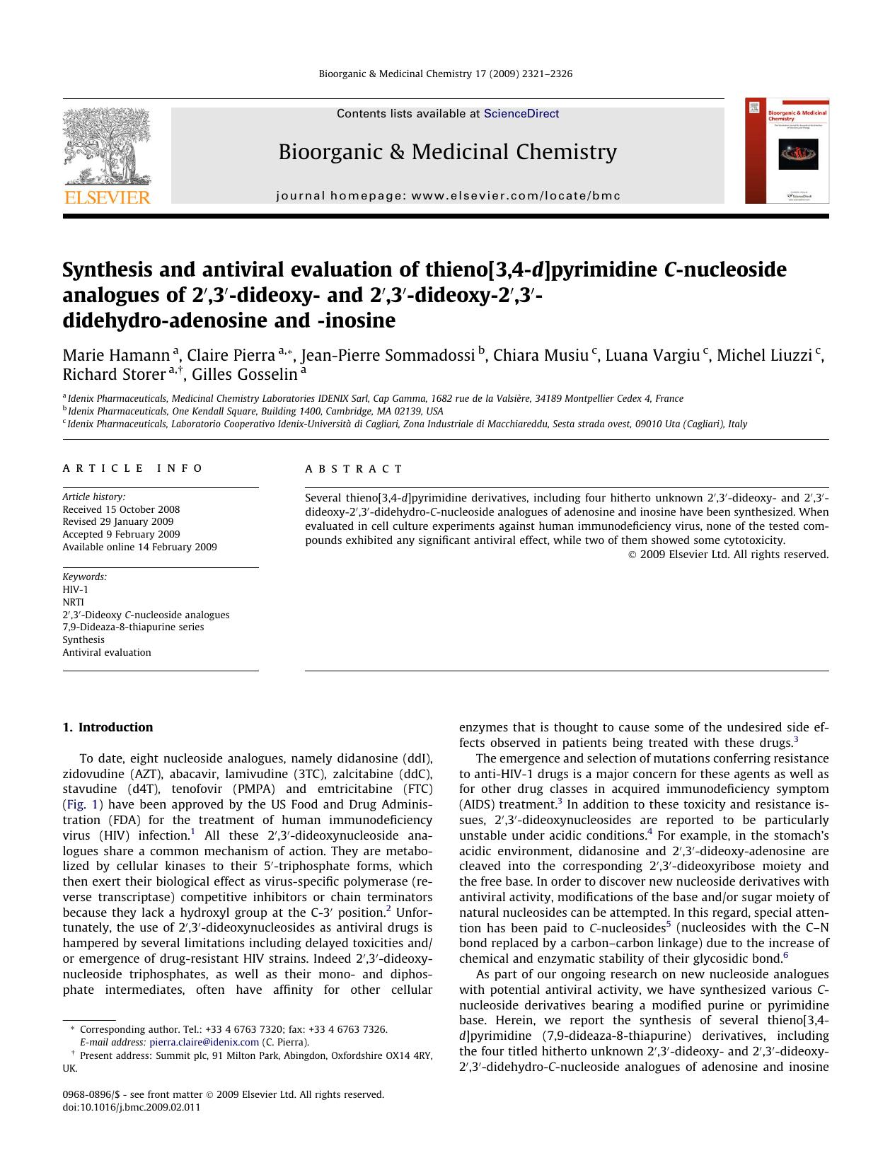 Synthesis and antiviral evaluation of thieno[3,4-d]pyrimidine C-nucleoside analogues of 2â²,3â²-dideoxy- and 2â²,3â²-dideoxy-2â²,3â²-didehydro-adenosine and -inosine by unknow