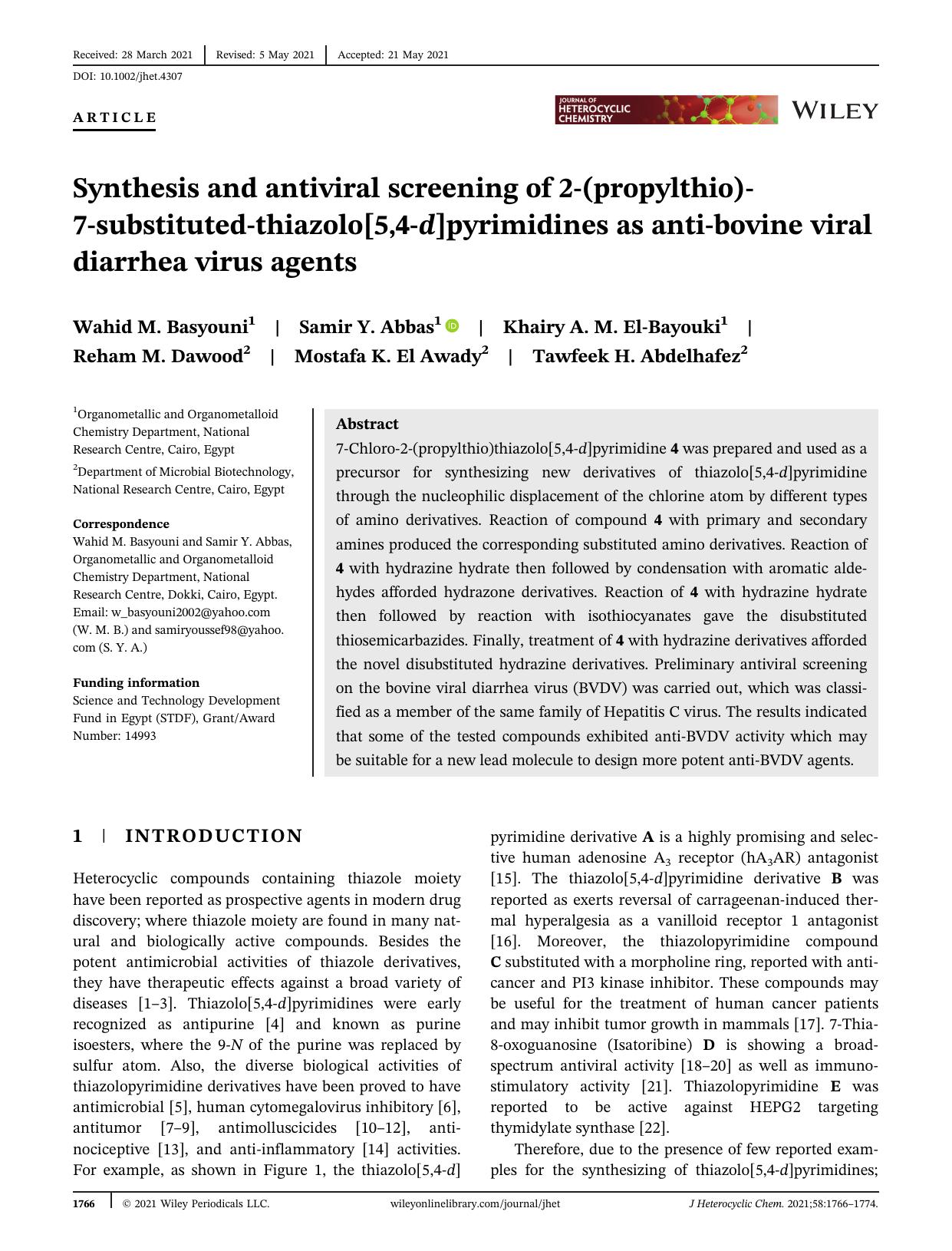 Synthesis and antiviral screening of 2-(propylthio)-7-substituted-thiazolo[5,4-d]pyrimidines as antibovine viral diarrhea virus agents by Unknown