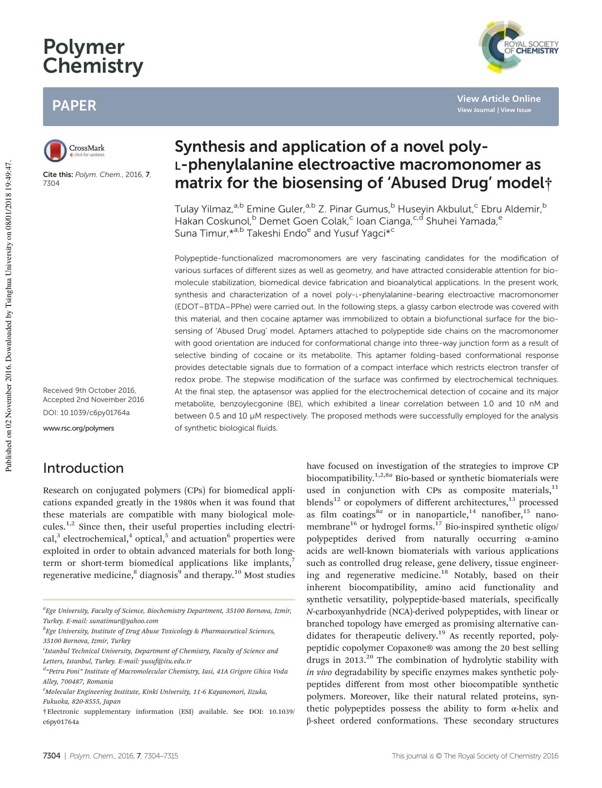 Synthesis and application of a novel poly-L-phenylalanine electroactive macromonomer as matrix for the biosensing of âAbused Drugâ model by unknow