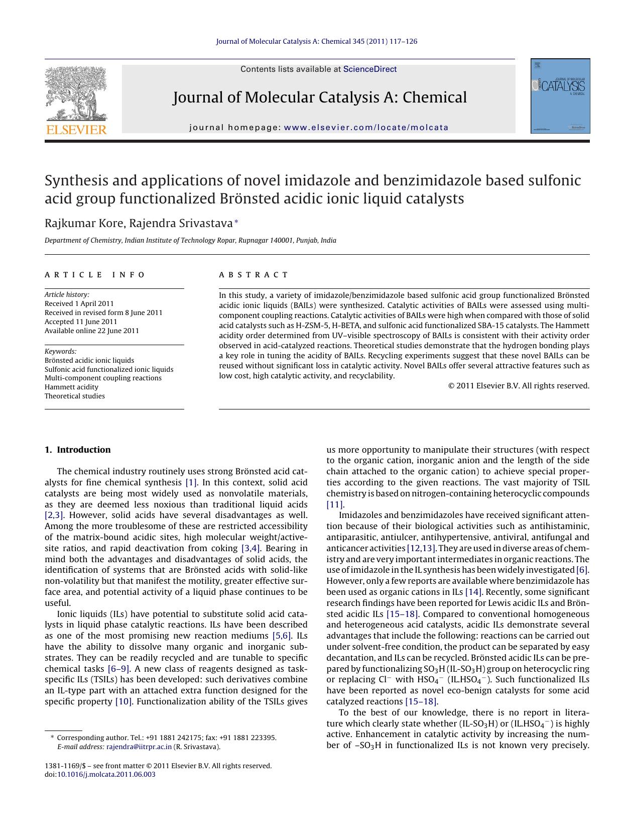 Synthesis and applications of novel imidazole and benzimidazole based sulfonic acid group functionalized BrÃÂ¶nsted acidic ionic liquid catalysts by Rajkumar Kore
