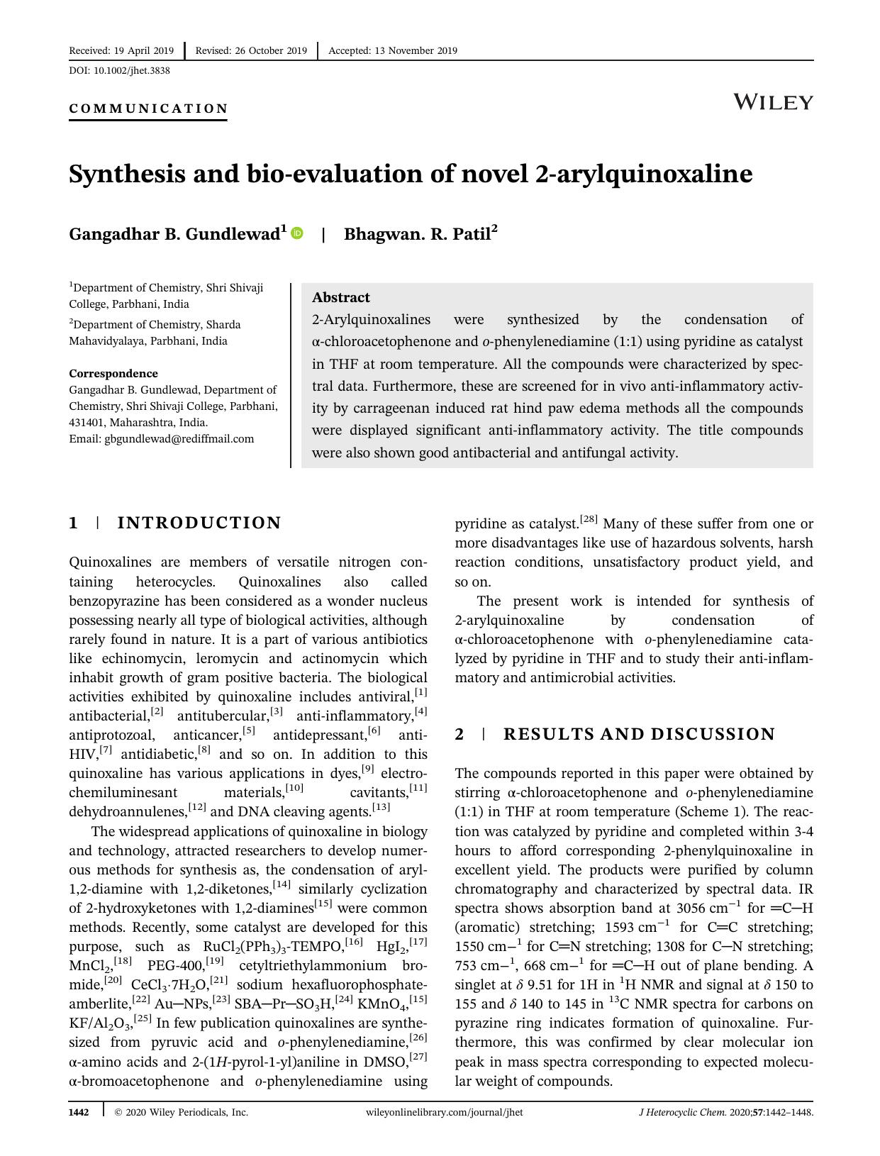 Synthesis and bioâevaluation of novel 2âarylquinoxaline by Gangadhar B. Gundlewad & Bhagwan. R. Patil