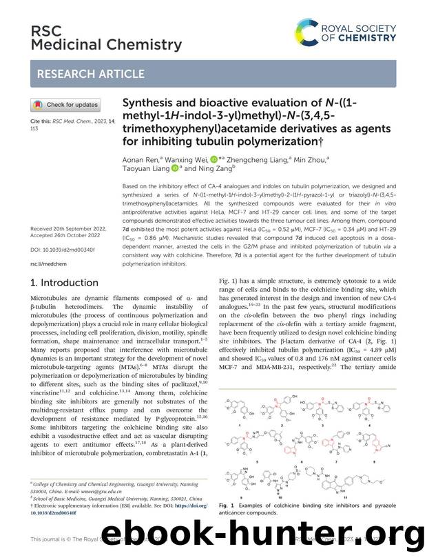 Synthesis and bioactive evaluation of N-((1-methyl-1H-indol-3-yl)methyl)-N-(3,4,5-trimethoxyphenyl)acetamide derivatives as agents for inhibiting tubulin polymerization by Aonan Ren & Wanxing Wei & Zhengcheng Liang & Min Zhou & Taoyuan Liang & Ning Zang