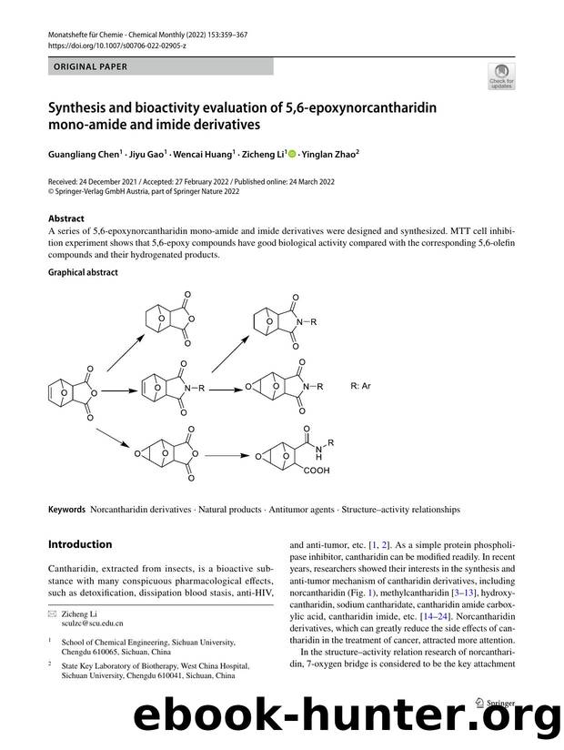 Synthesis and bioactivity evaluation of 5,6-epoxynorcantharidin mono-amide and imide derivatives by Guangliang Chen & Jiyu Gao & Wencai Huang & Zicheng Li & Yinglan Zhao