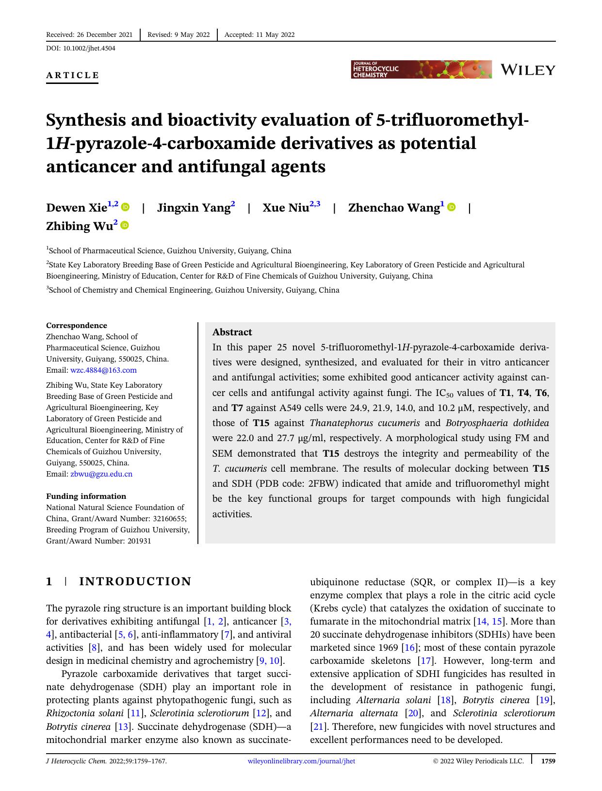 Synthesis and bioactivity evaluation of 5-trifluoromethyl-1H-pyrazole-4-carboxamide derivatives as potential anticancer and antifungal agents by Unknown