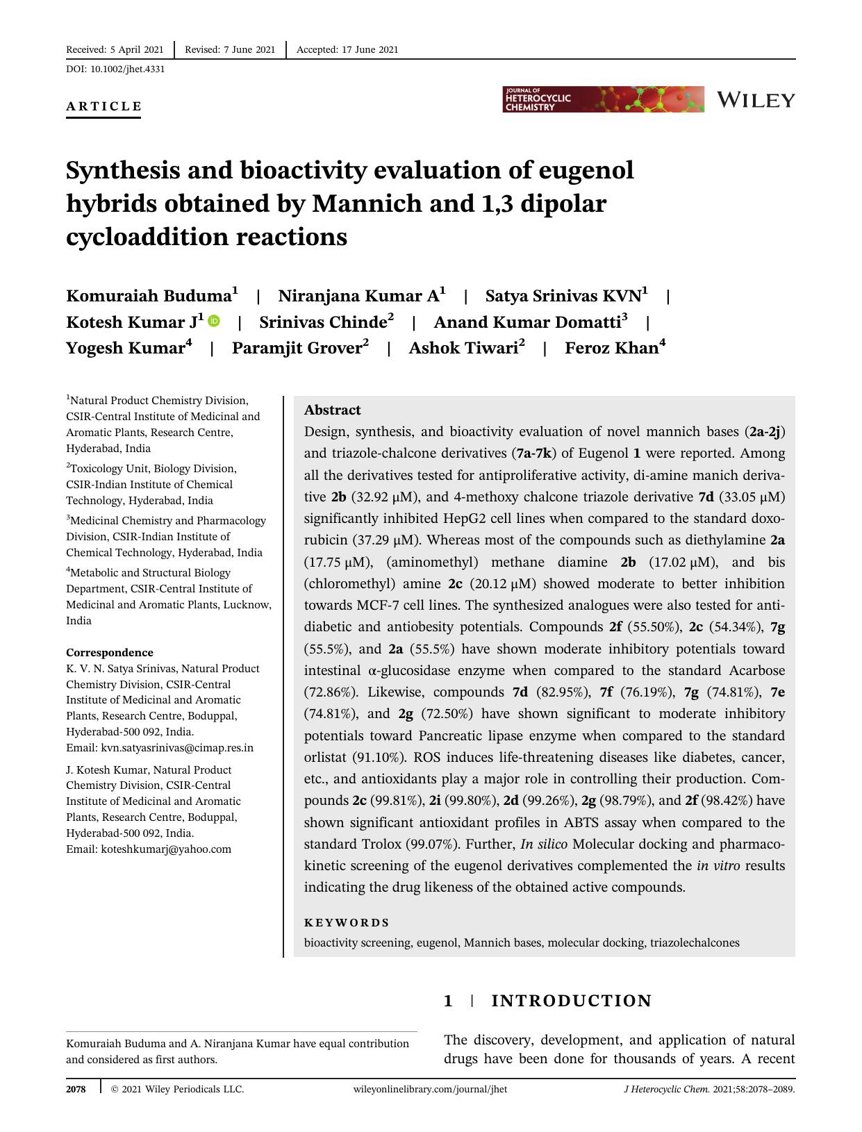 Synthesis and bioactivity evaluation of eugenol hybrids obtained by Mannich and 1,3 dipolar cycloaddition reactions by Unknown