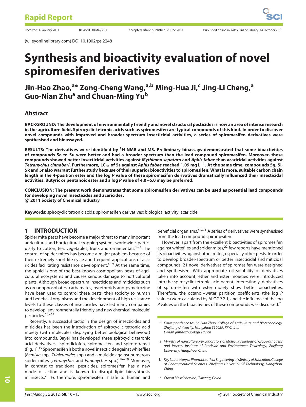 Synthesis and bioactivity evaluation of novel spiromesifen derivatives by Unknown