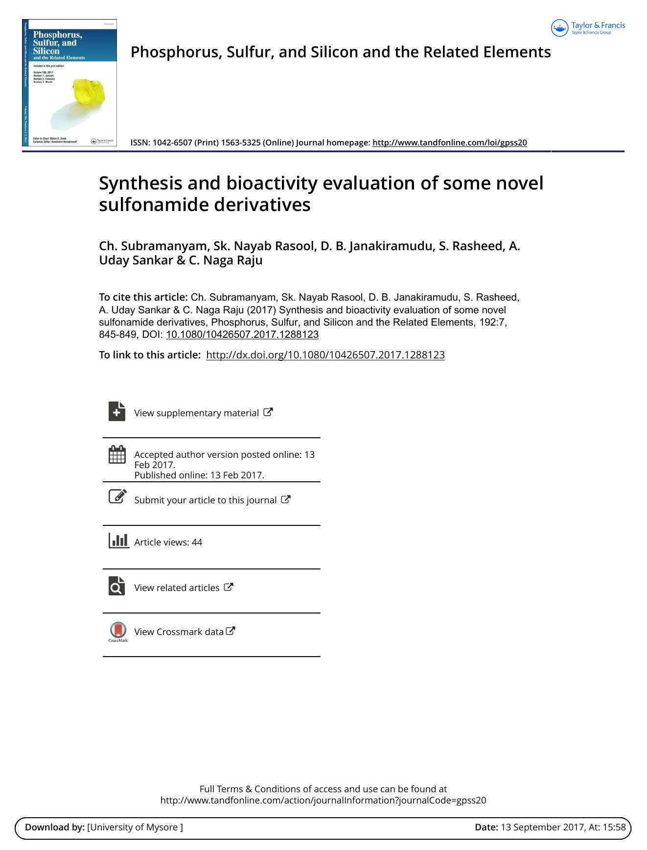Synthesis and bioactivity evaluation of some novel sulfonamide derivatives by Ch. Subramanyam & Sk. Nayab Rasool & D. B. Janakiramudu & S. Rasheed & A. Uday Sankar & C. Naga Raju