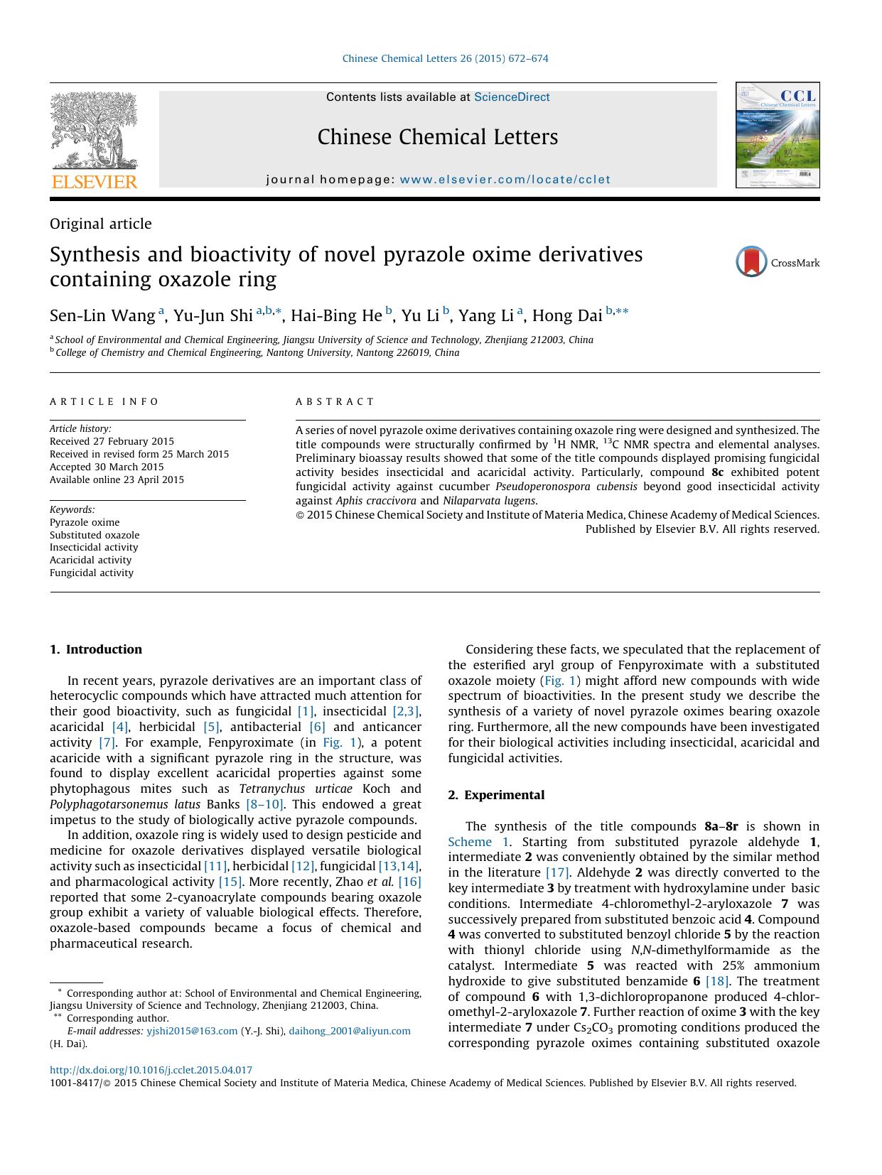 Synthesis and bioactivity of novel pyrazole oxime derivatives containing oxazole ring by Sen-Lin Wang & Yu-Jun Shi & Hai-Bing He & Yu Li & Yang Li & Hong Dai