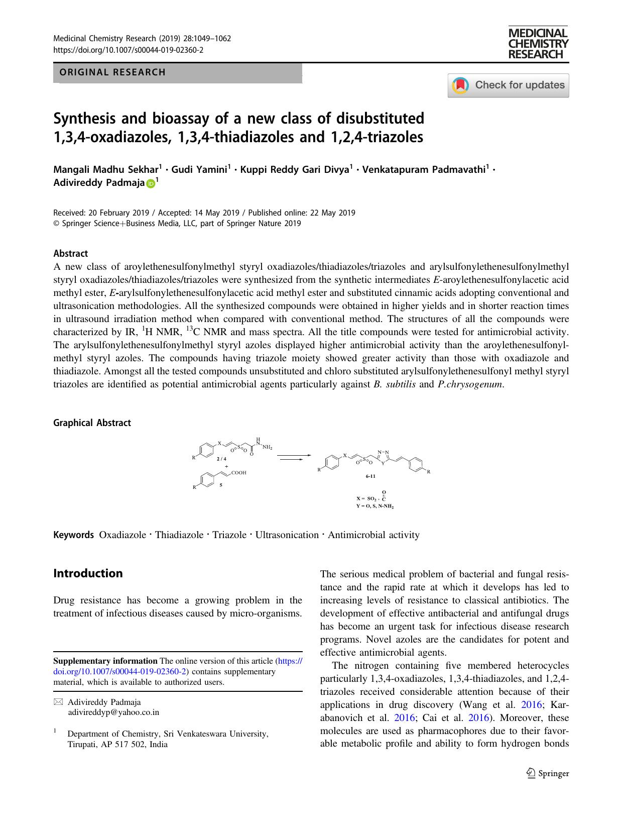 Synthesis and bioassay of a new class of disubstituted 1,3,4-oxadiazoles, 1,3,4-thiadiazoles and 1,2,4-triazoles by unknow