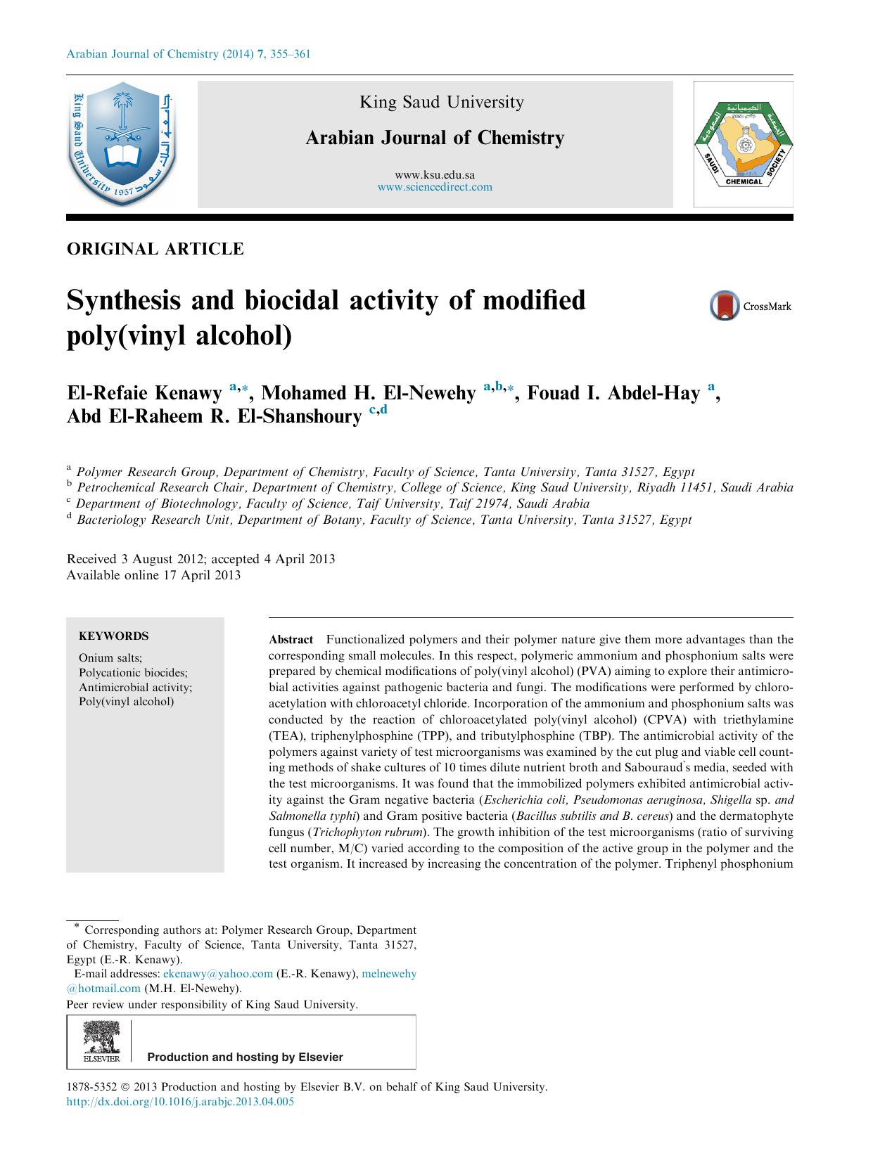 Synthesis and biocidal activity of modified poly(vinyl alcohol) by El-Refaie Kenawy & Mohamed H. El-Newehy & Fouad I. Abdel-Hay & Abd El-Raheem R. El-Shanshoury