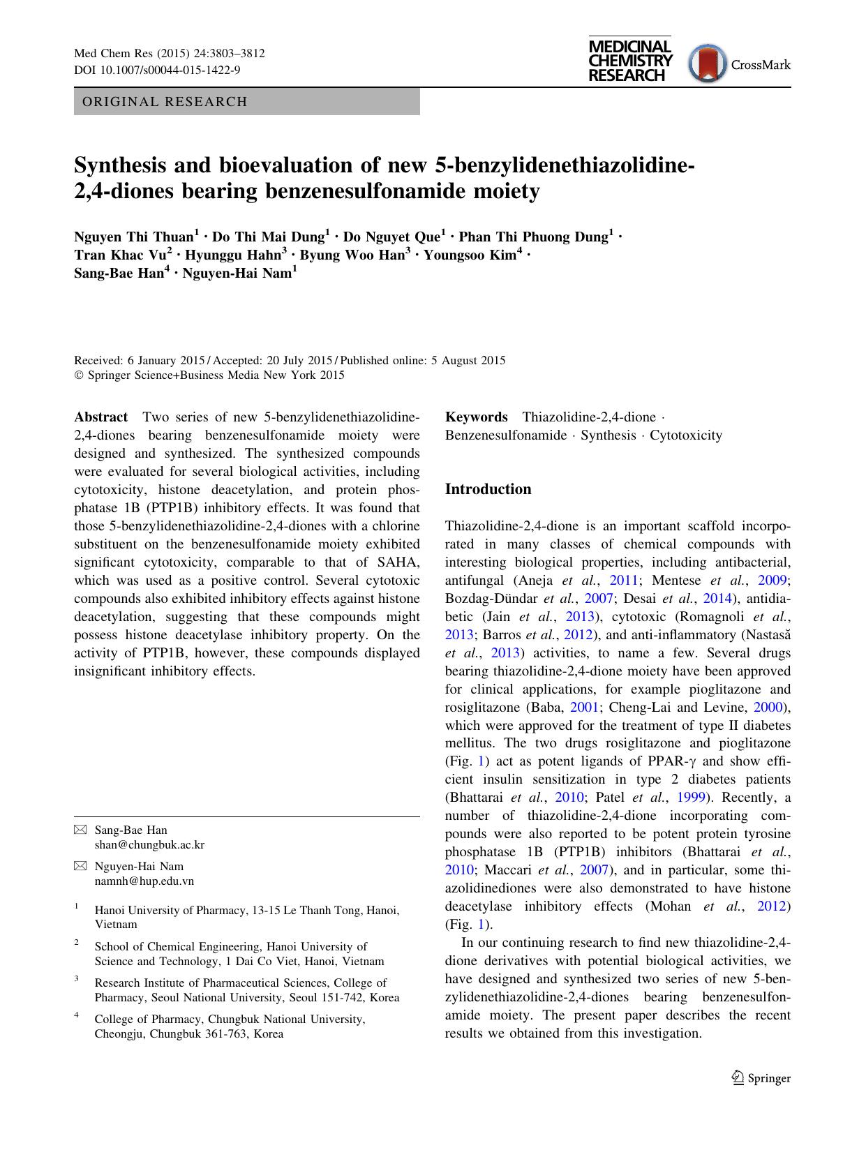 Synthesis and bioevaluation of new 5-benzylidenethiazolidine-2,4-diones bearing benzenesulfonamide moiety by unknow