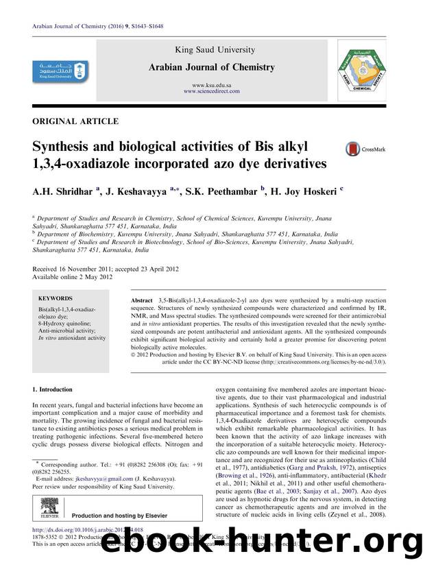 Synthesis and biological activities of Bis alkyl 1,3,4-oxadiazole incorporated azo dye derivatives by A.H. Shridhar & J. Keshavayya & S.K. Peethambar & H. Joy Hoskeri