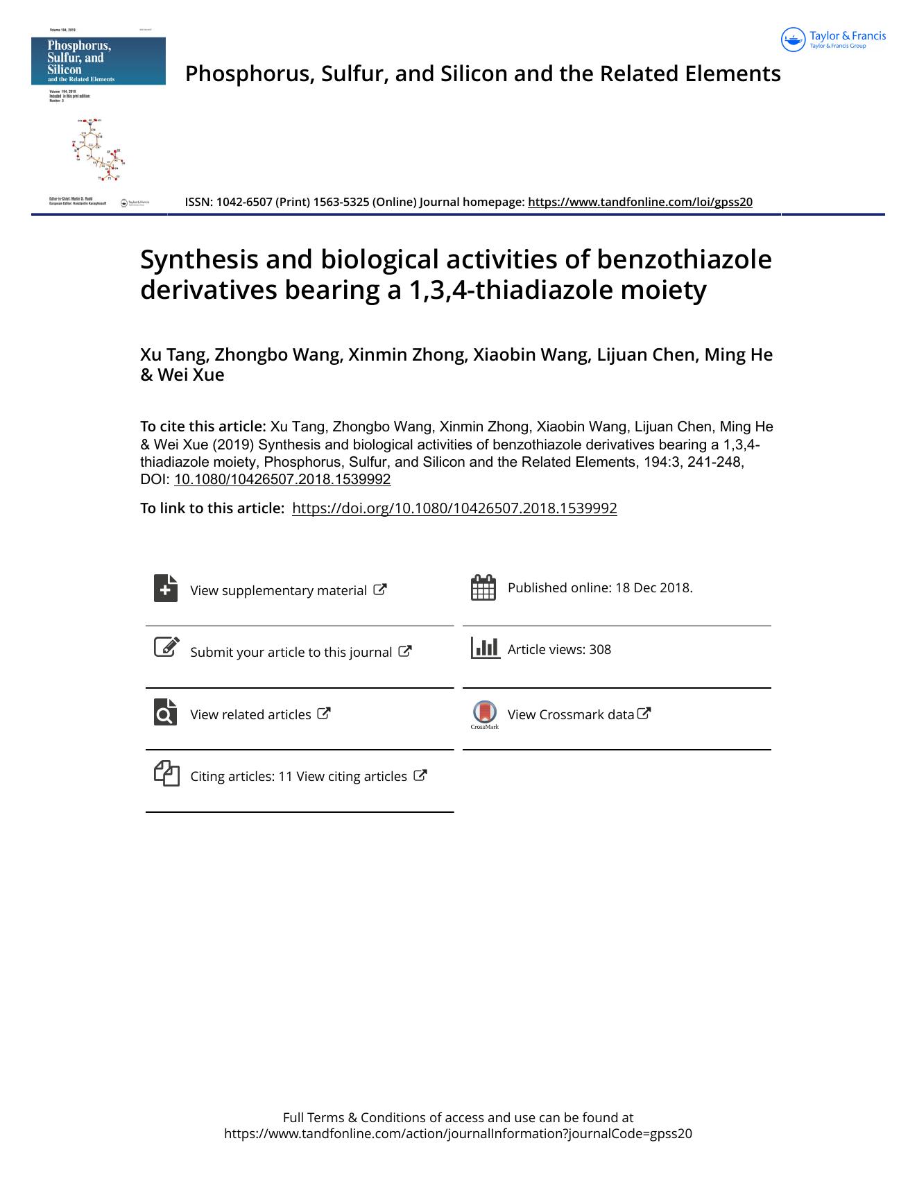 Synthesis and biological activities of benzothiazole derivatives bearing a 1,3,4-thiadiazole moiety by Tang Xu & Wang Zhongbo & Zhong Xinmin & Wang Xiaobin & Chen Lijuan & He Ming & Xue Wei