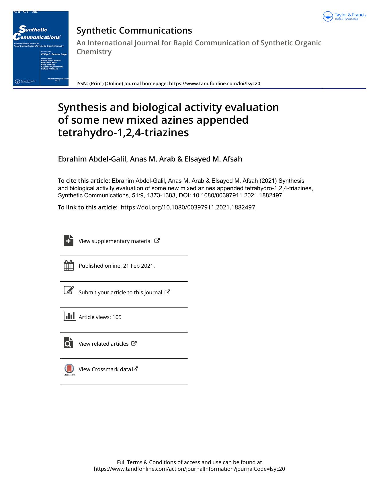 Synthesis and biological activity evaluation of some new mixed azines appended tetrahydro-1,2,4-triazines by Abdel-Galil Ebrahim & Arab Anas M. & Afsah Elsayed M