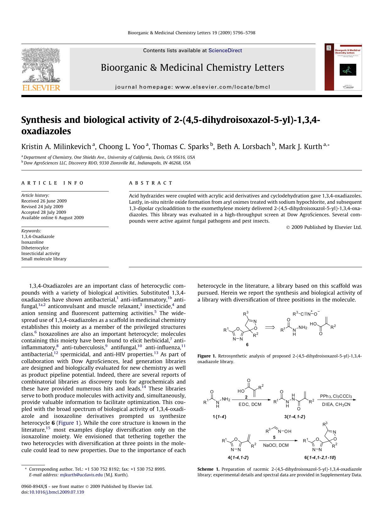 Synthesis and biological activity of 2-(4,5-dihydroisoxazol-5-yl)-1,3,4-oxadiazoles by Kristin A. Milinkevich; Choong L. Yoo; Thomas C. Sparks; Beth A. Lorsbach; Mark J. Kurth