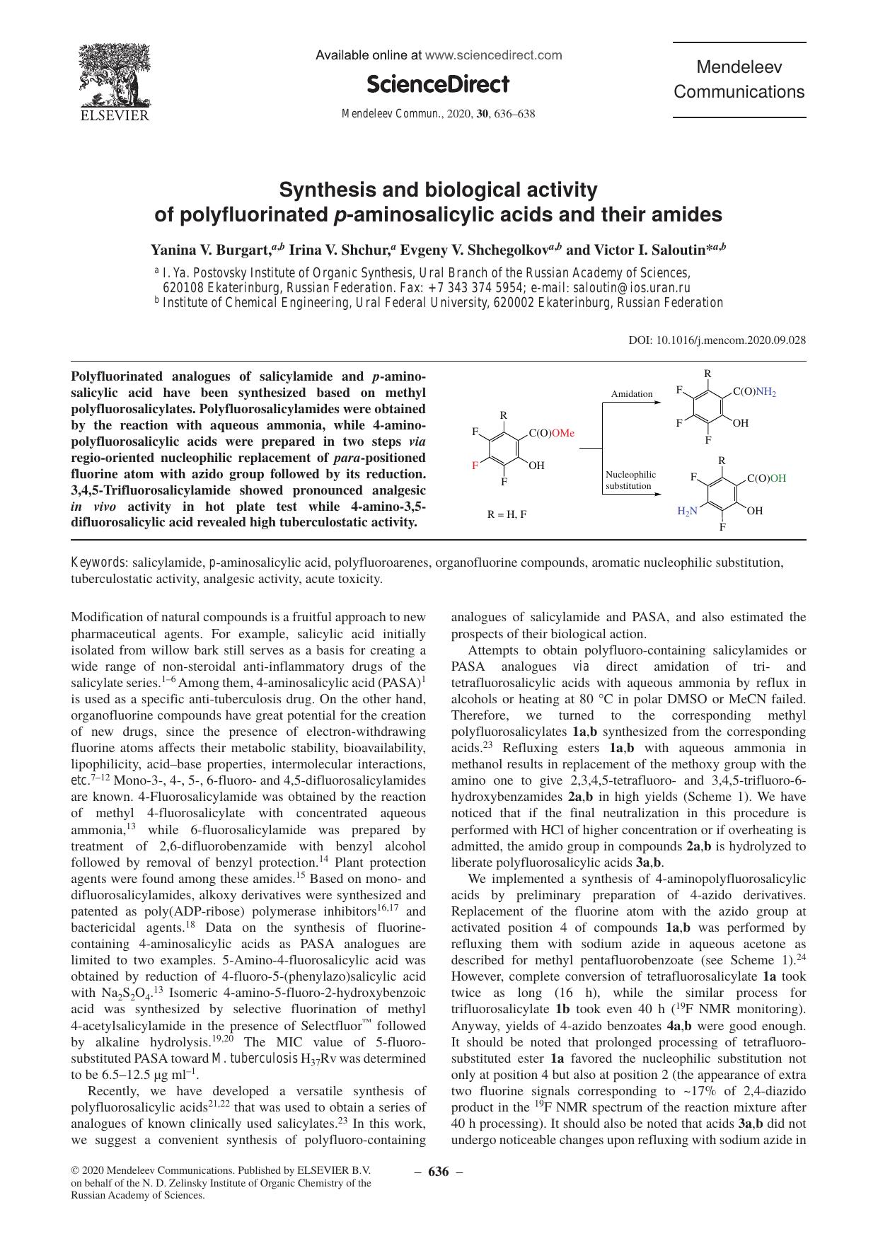 Synthesis and biological activity of polyfluorinated p-aminosalicylic acids and their amides by Yanina V. Burgart & Irina V. Shchur & Evgeny V. Shchegolkov & Victor I. Saloutin