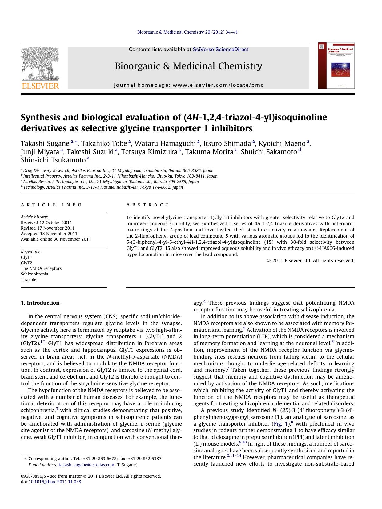 Synthesis and biological evaluation of (4H-1,2,4-triazol-4-yl)isoquinoline derivatives as selective glycine transporter 1 inhibitors by unknow