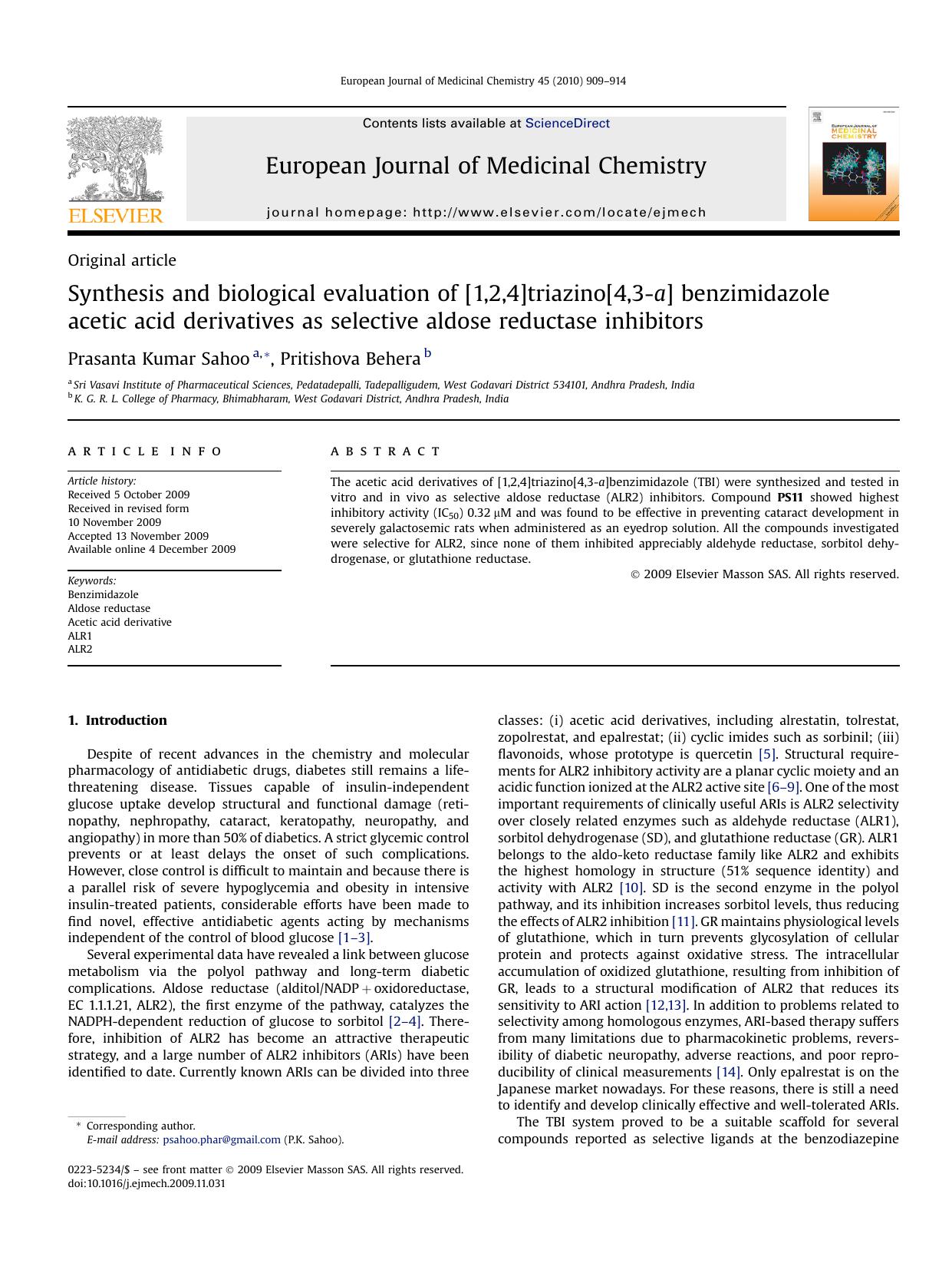 Synthesis and biological evaluation of [1,2,4]triazino[4,3-a] benzimidazole acetic acid derivatives as selective aldose reductase inhibitors by Prasanta Kumar Sahoo; Pritishova Behera
