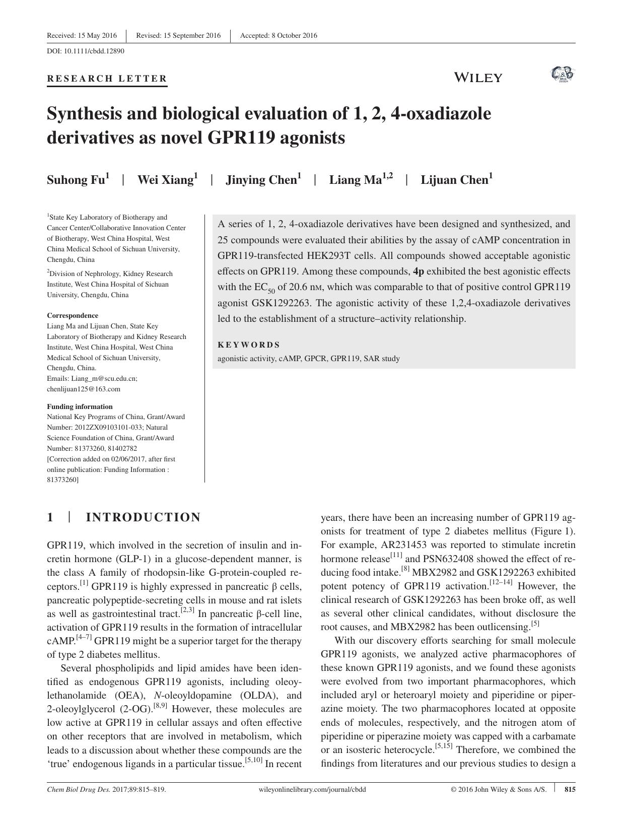 Synthesis and biological evaluation of 1, 2, 4‐oxadiazole derivatives as novel GPR119 agonists by unknow