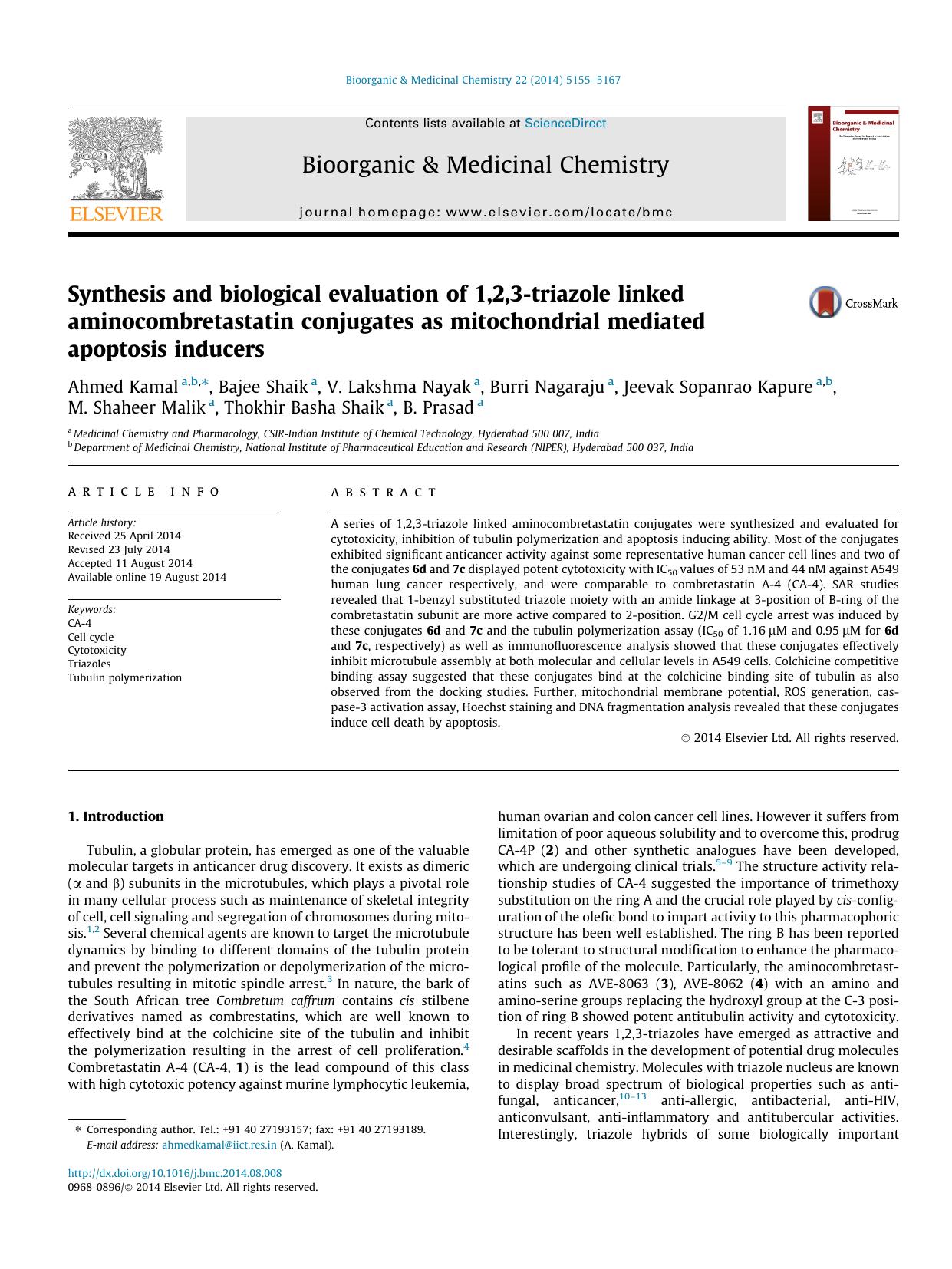 Synthesis and biological evaluation of 1,2,3-triazole linked aminocombretastatin conjugates as mitochondrial mediated apoptosis inducers by unknow