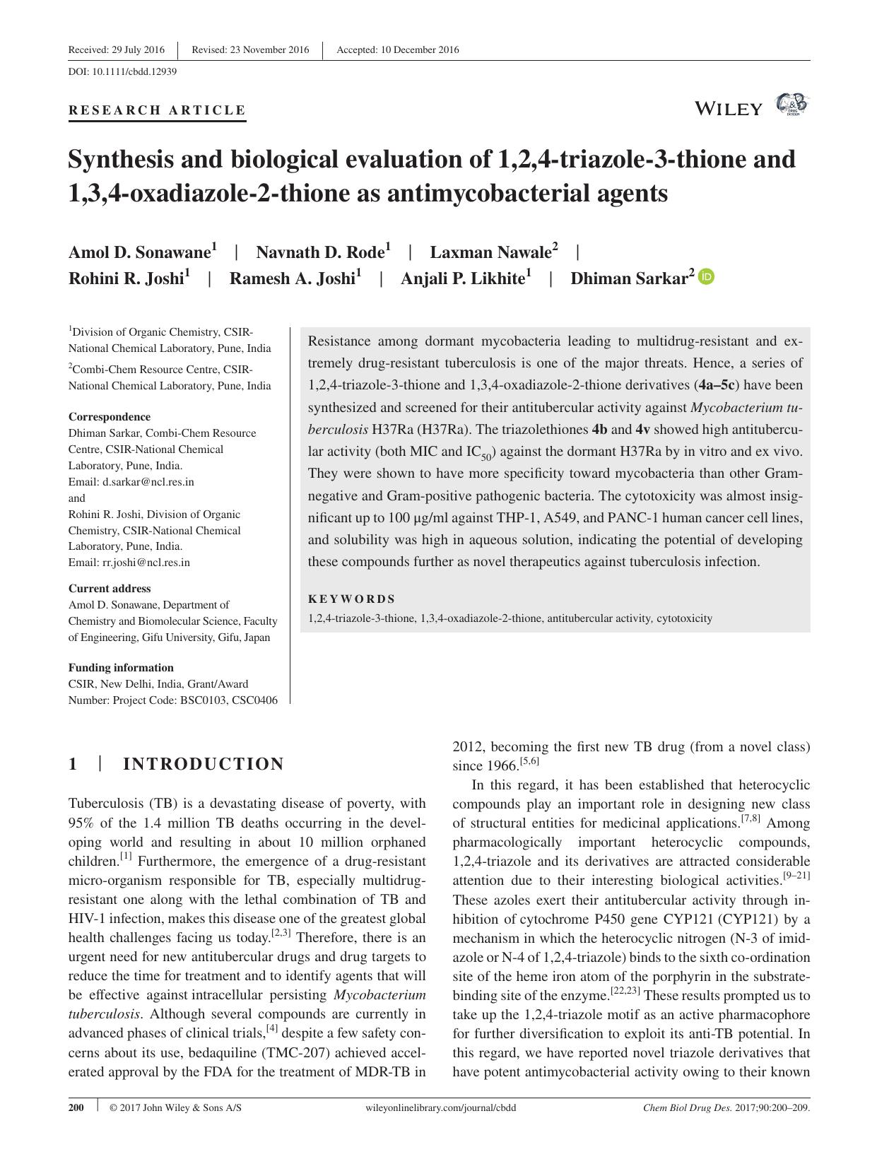 Synthesis and biological evaluation of 1,2,4‐triazole‐3‐thione and 1,3,4‐oxadiazole‐2‐thione as antimycobacterial agents by unknow