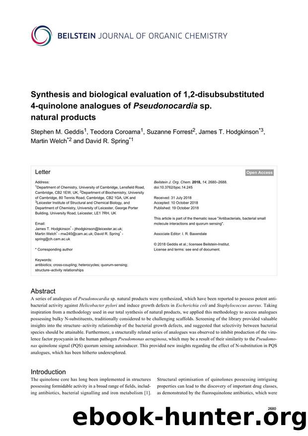 Synthesis and biological evaluation of 1,2-disubsubstituted 4-quinolone analogues of Pseudonocardia sp. natural products by unknow