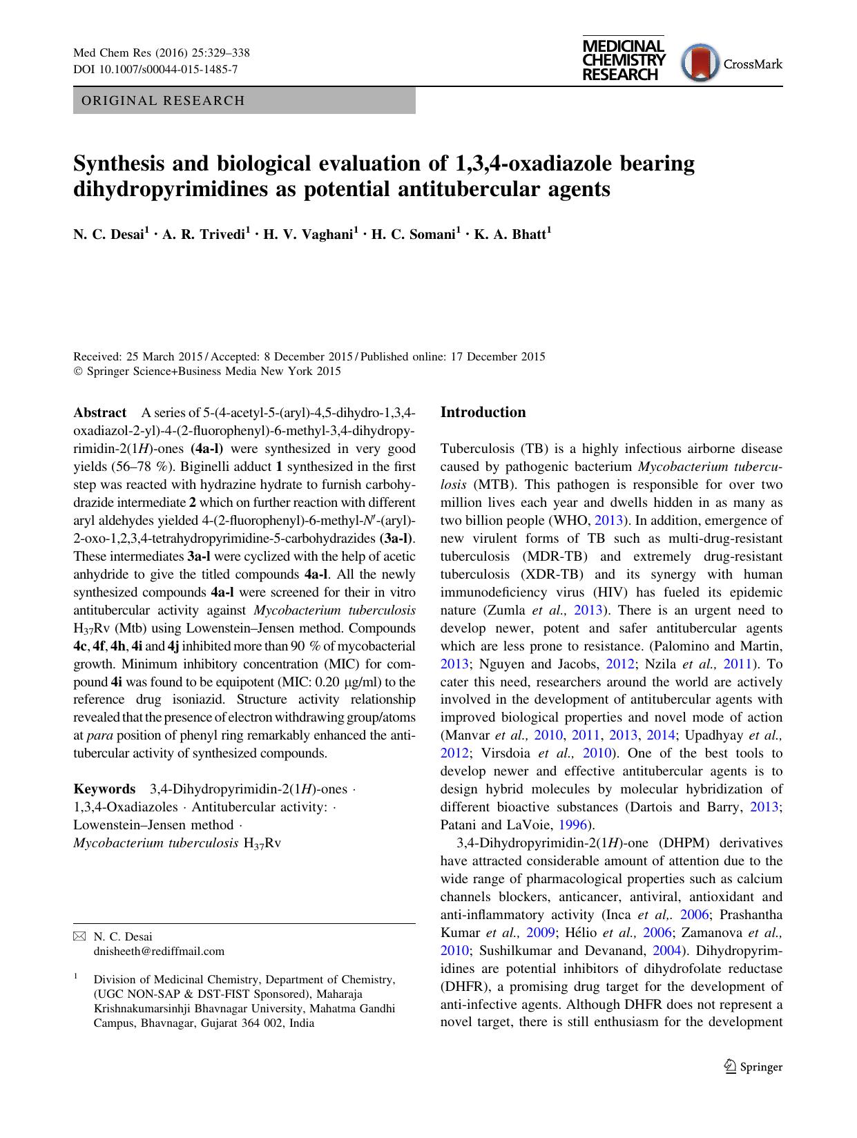 Synthesis and biological evaluation of 1,3,4-oxadiazole bearing dihydropyrimidines as potential antitubercular agents by N. C. Desai & A. R. Trivedi & H. V. Vaghani & H. C. Somani & K. A. Bhatt