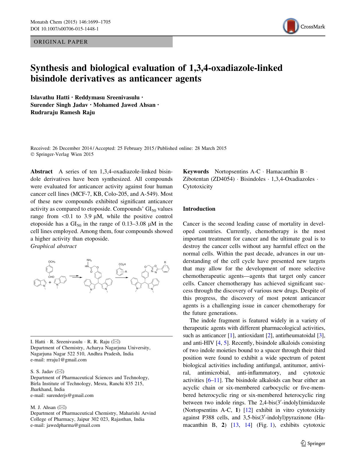 Synthesis and biological evaluation of 1,3,4-oxadiazole-linked bisindole derivatives as anticancer agents by unknow