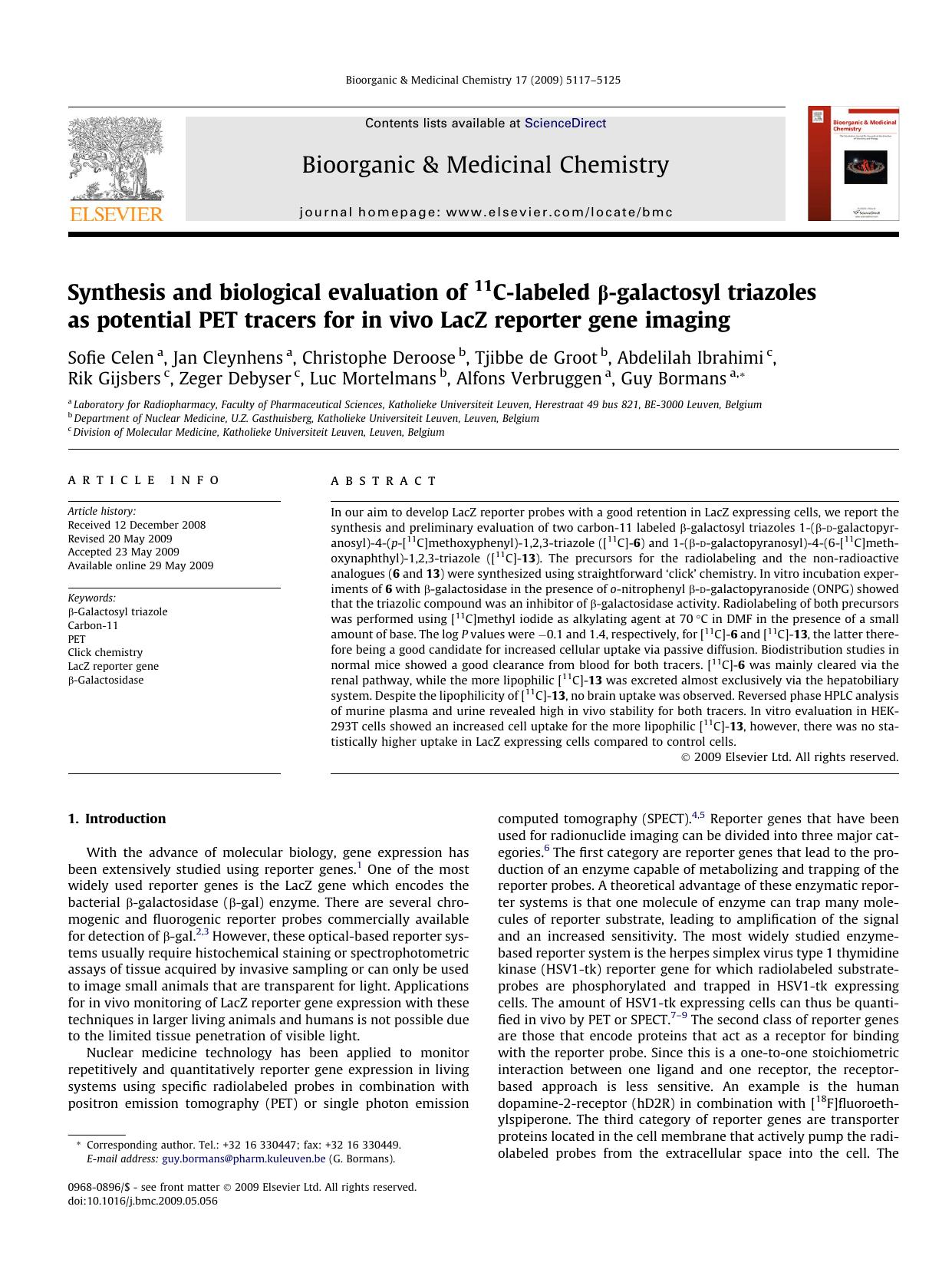 Synthesis and biological evaluation of 11C-labeled Î²-galactosyl triazoles as potential PET tracers for in vivo LacZ reporter gene imaging by unknow