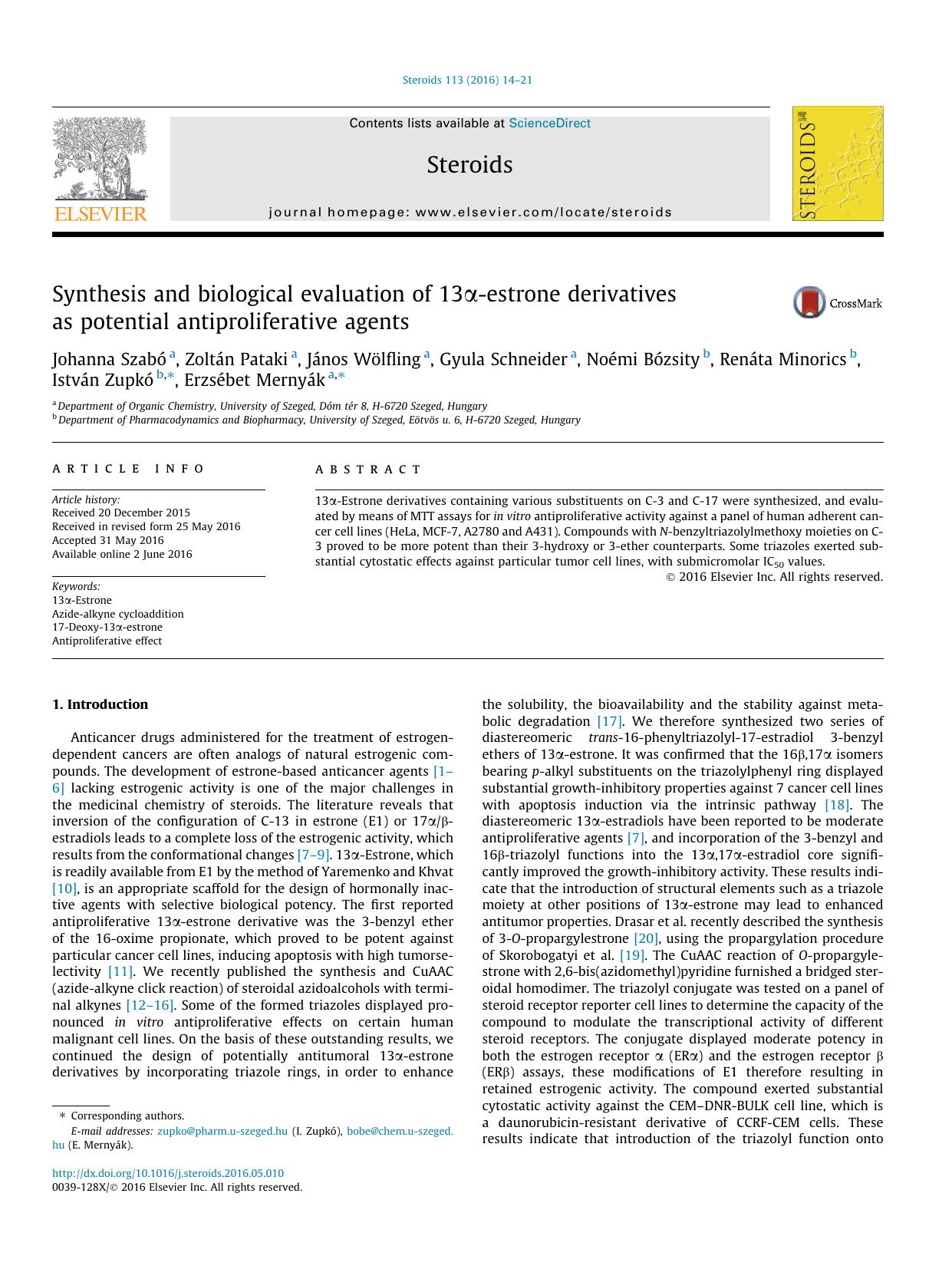 Synthesis and biological evaluation of 13ÃÂ±-estrone derivatives as potential antiproliferative agents by unknow