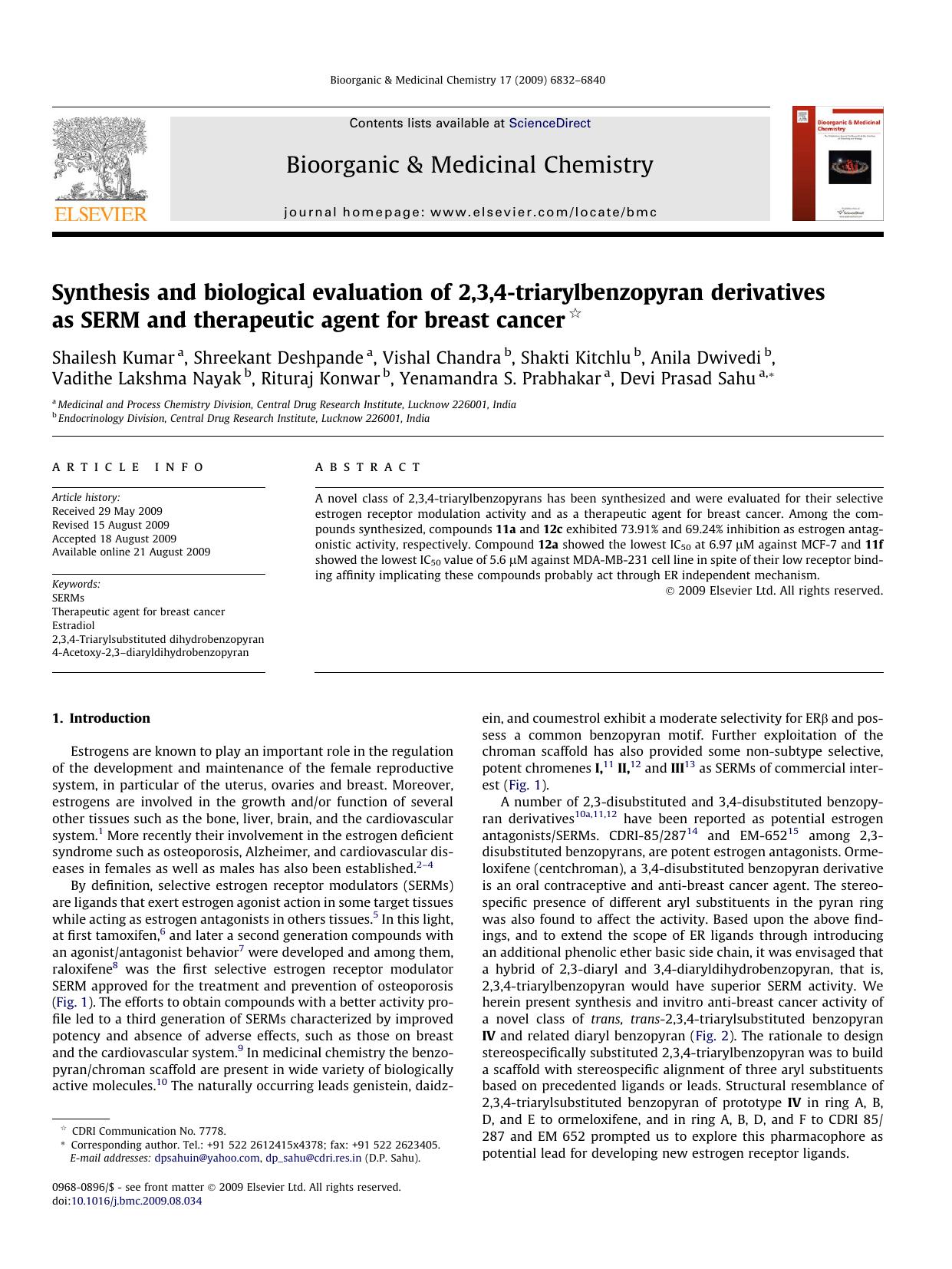 Synthesis and biological evaluation of 2,3,4-triarylbenzopyran derivatives as SERM and therapeutic agent for breast cancer by unknow
