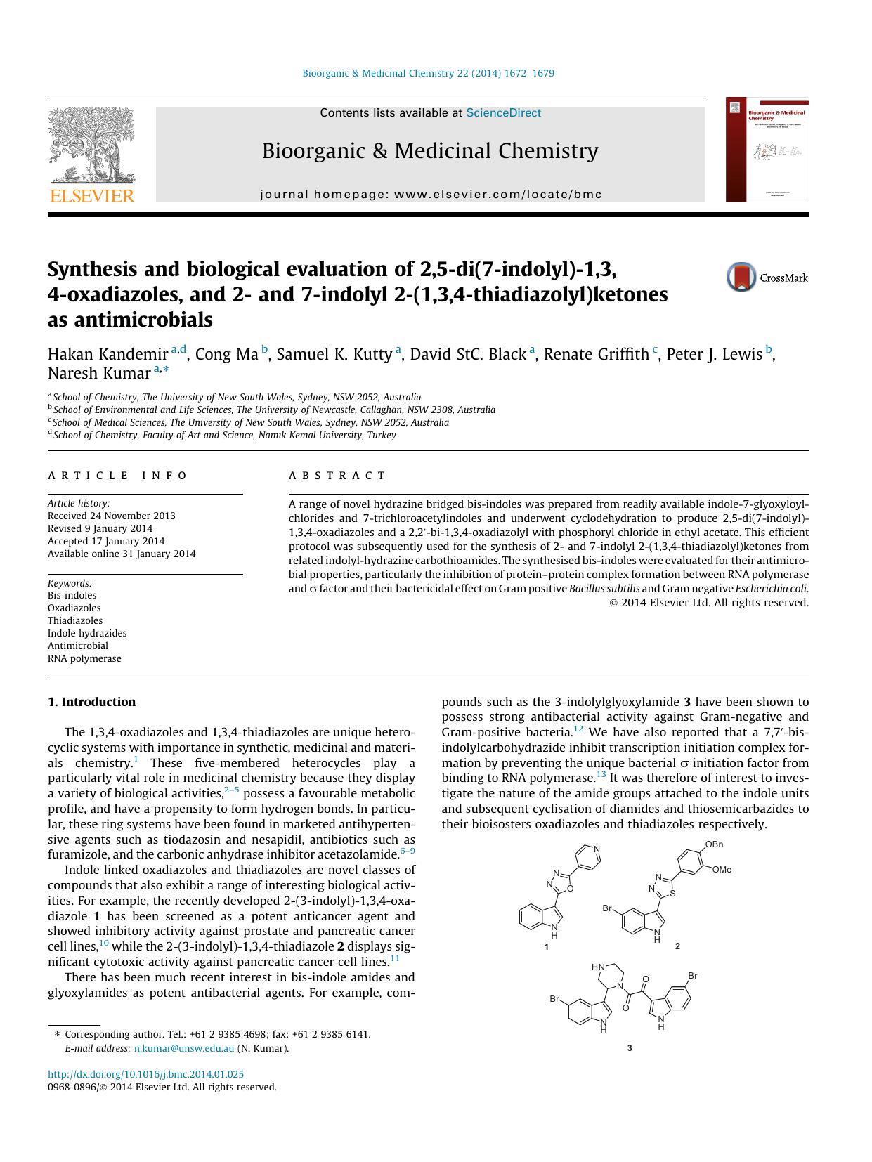 Synthesis and biological evaluation of 2,5-di(7-indolyl)-1,3,4-oxadiazoles, and 2- and 7-indolyl 2-(1,3,4-thiadiazolyl)ketones as antimicrobials by unknow