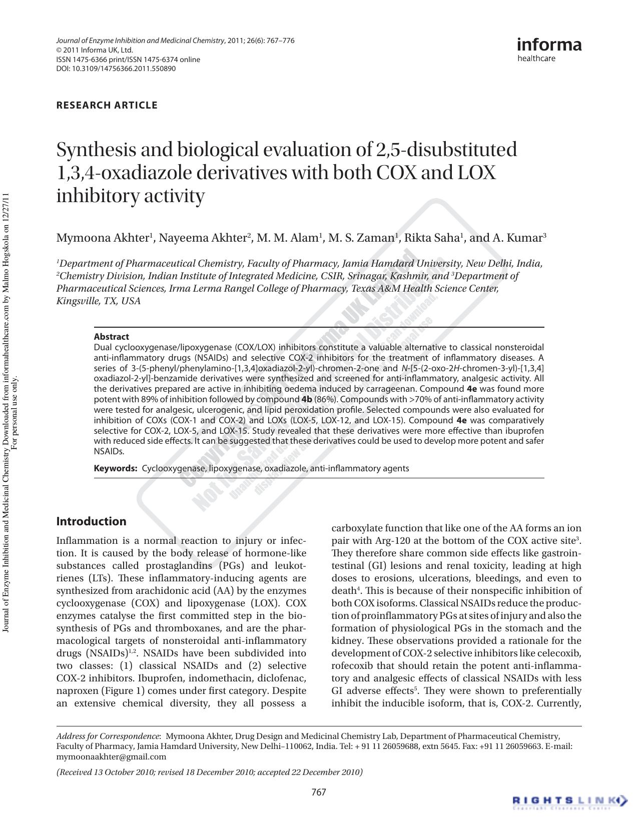 Synthesis and biological evaluation of 2,5-disubstituted 1,3,4-oxadiazole derivatives with both COX and LOX inhibitory activity by unknow