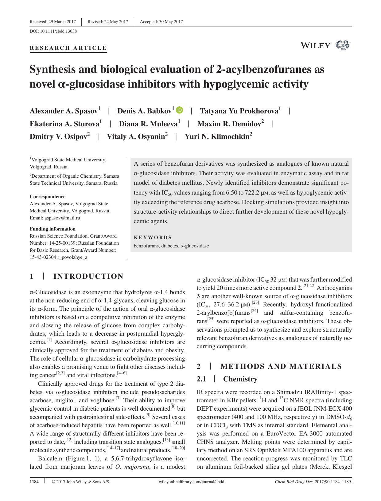 Synthesis and biological evaluation of 2‐acylbenzofuranes as novel α‐glucosidase inhibitors with hypoglycemic activity by unknow