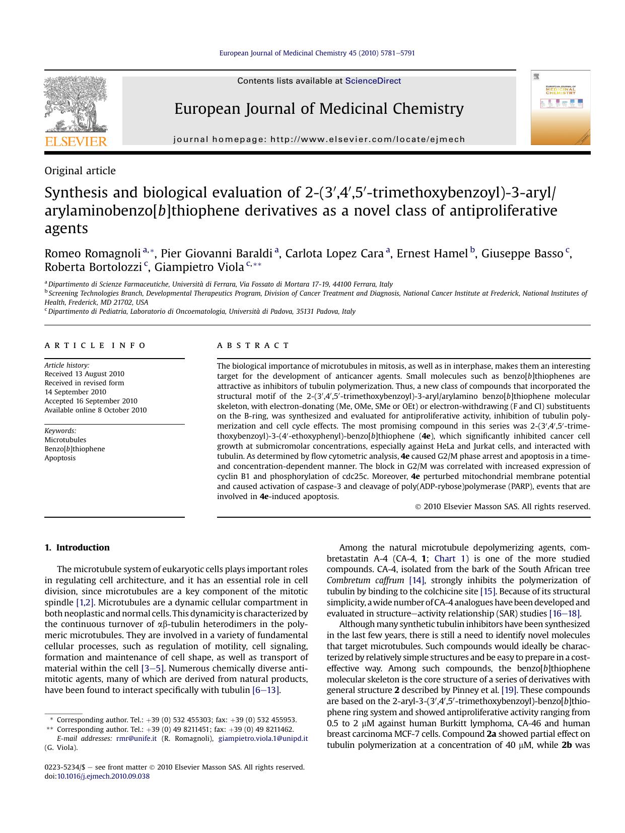 Synthesis and biological evaluation of 2-(3&prime;,4&prime;,5&prime;-trimethoxybenzoyl)-3-arylarylaminobenzo[b]thiophene derivatives as a novel class of antiproliferative agents by unknow