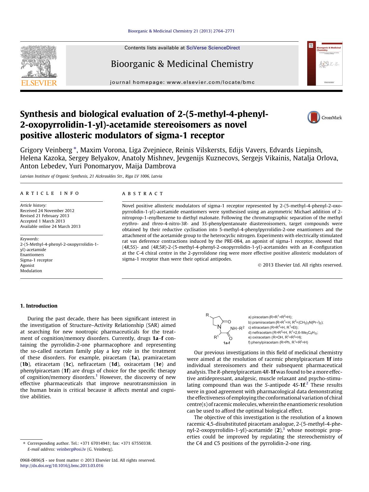 Synthesis and biological evaluation of 2-(5-methyl-4-phenyl-2-oxopyrrolidin-1-yl)-acetamide stereoisomers as novel positive allosteric modulators of sigma-1 receptor by unknow