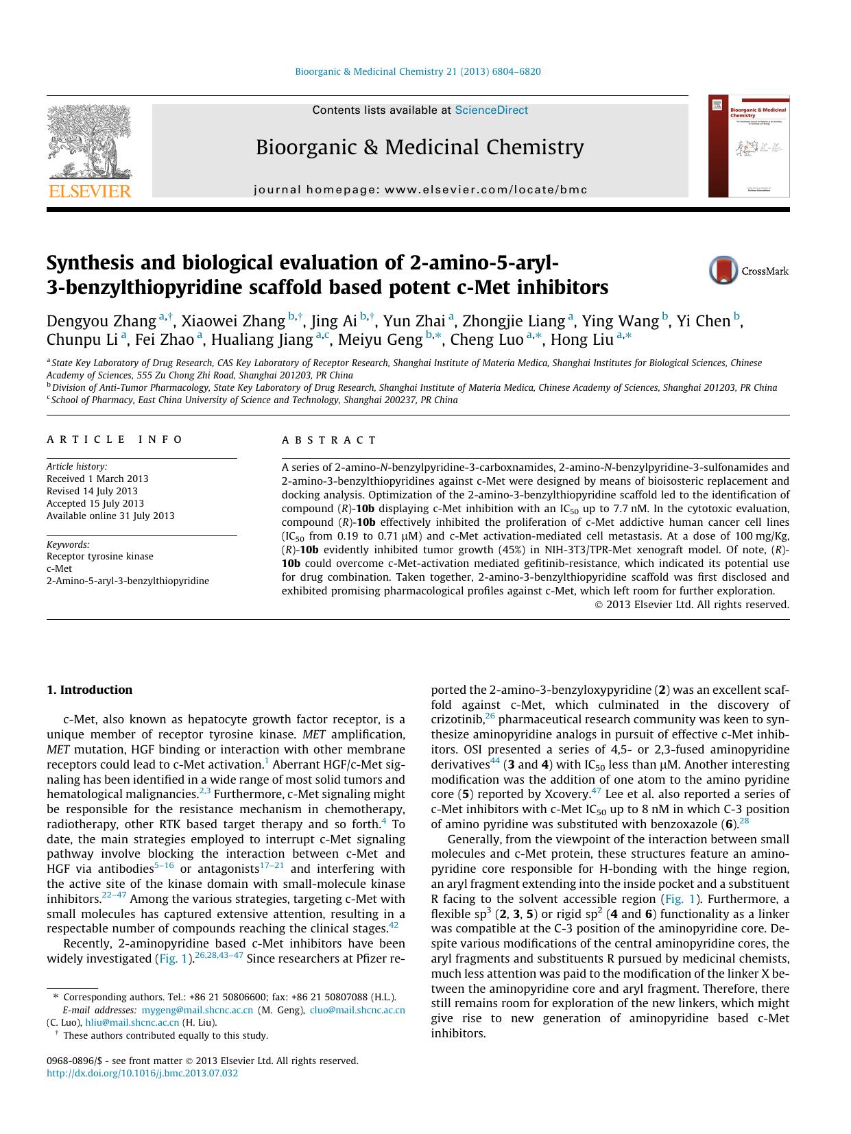 Synthesis and biological evaluation of 2-amino-5-aryl-3-benzylthiopyridine scaffold based potent c-Met inhibitors by unknow