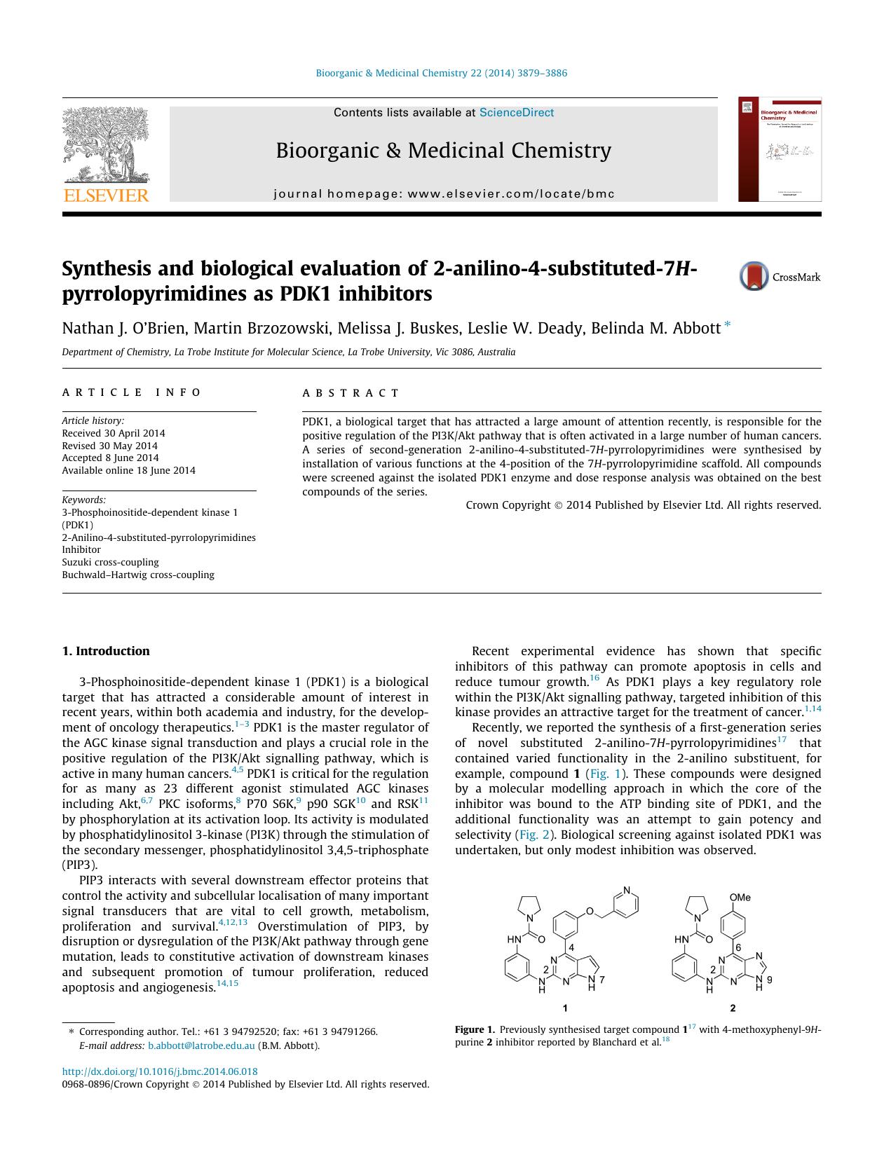 Synthesis and biological evaluation of 2-anilino-4-substituted-7H-pyrrolopyrimidines as PDK1 inhibitors by unknow