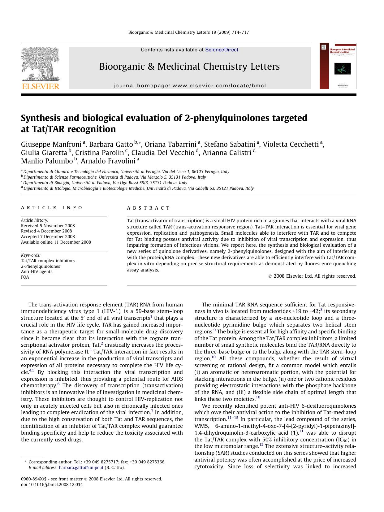 Synthesis and biological evaluation of 2-phenylquinolones targeted at TatTAR recognition by unknow