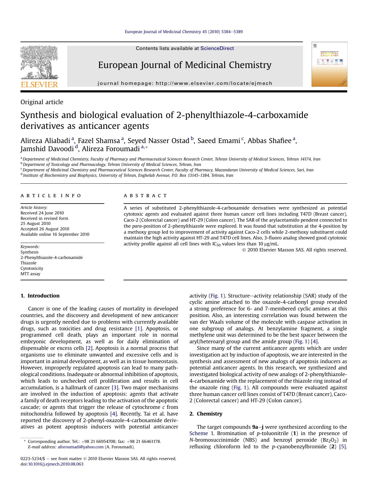 Synthesis and biological evaluation of 2-phenylthiazole-4-carboxamide derivatives as anticancer agents by unknow