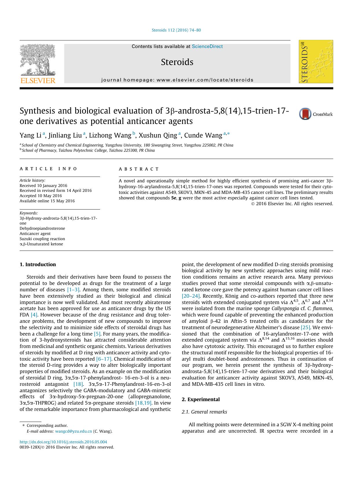 Synthesis and biological evaluation of 3ÃÂ²-androsta-5,8(14),15-trien-17-one derivatives as potential anticancer agents by Yang Li & Jinliang Liu & Lizhong Wang & Xushun Qing & Cunde Wang